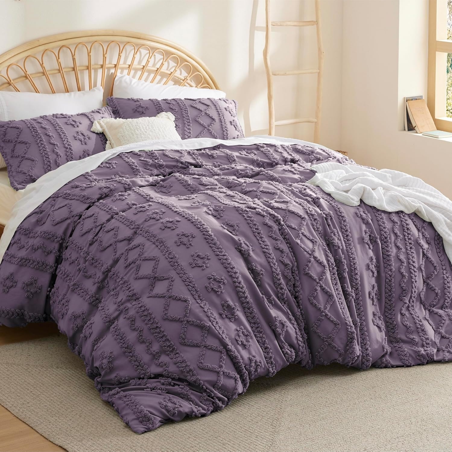 image:imageBedsure Checkered Boho Duvet Cover Queen Tufted Embroidery 3PieceBeige12 Grayish Purple Elegant No Comforter