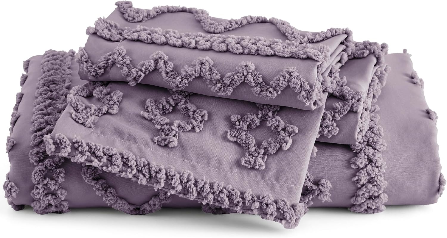 image:imageBedsure Checkered Boho Duvet Cover Queen Tufted Embroidery 3PieceBeige12 Grayish Purple Elegant No Comforter