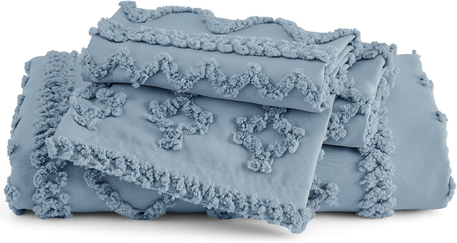 image:imageBedsure Checkered Boho Duvet Cover Queen Tufted Embroidery 3PieceBeige13 Dusty Blue Elegant No Comforter
