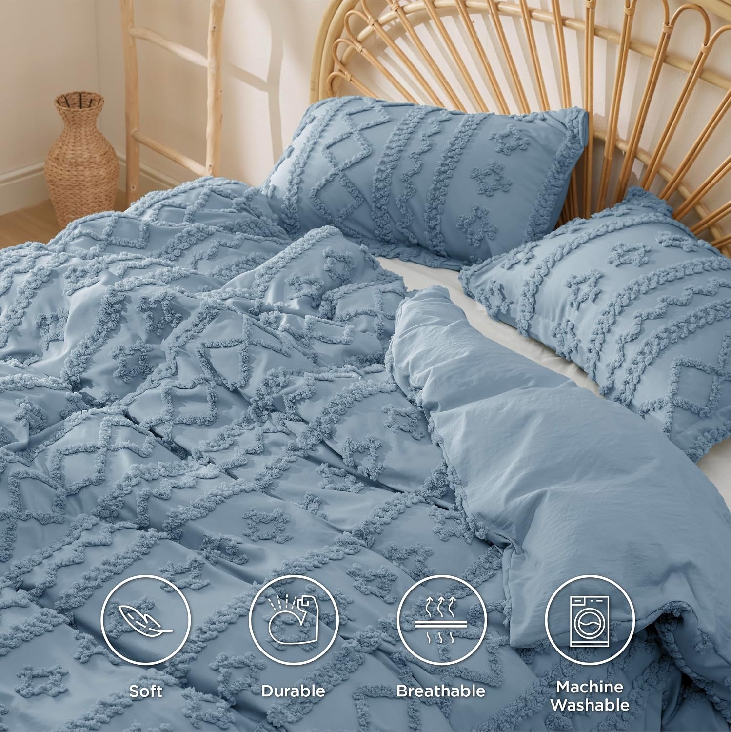 image:imageBedsure Checkered Boho Duvet Cover Queen Tufted Embroidery 3PieceBeige13 Dusty Blue Elegant No Comforter