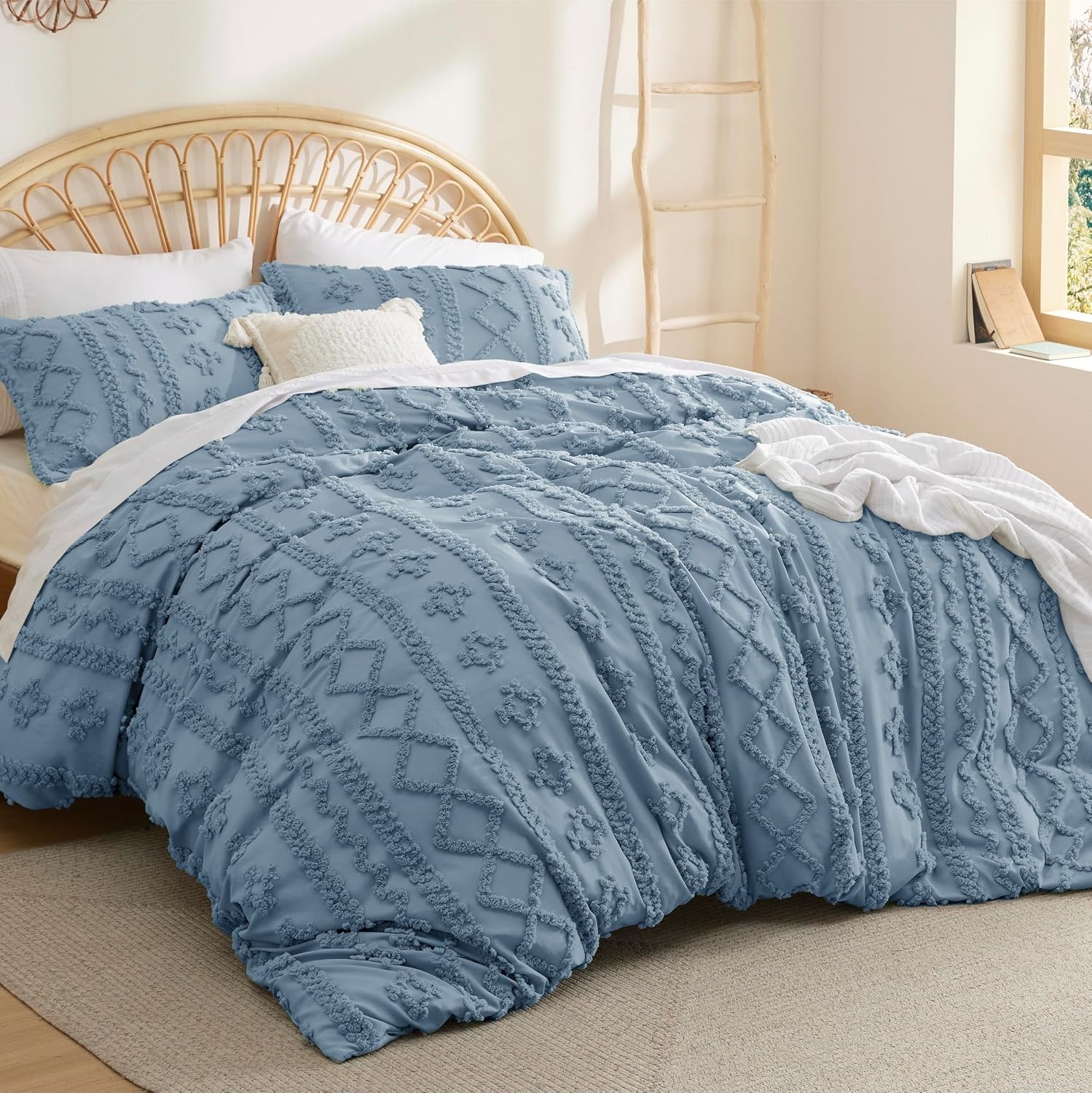image:imageBedsure Checkered Boho Duvet Cover Queen Tufted Embroidery 3PieceBeige13 Dusty Blue Elegant No Comforter