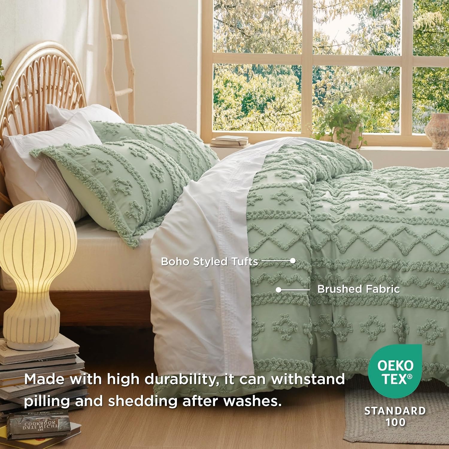 image:imageBedsure Checkered Boho Duvet Cover Queen Tufted Embroidery 3PieceBeige14 Light Green Elegant No Comforter