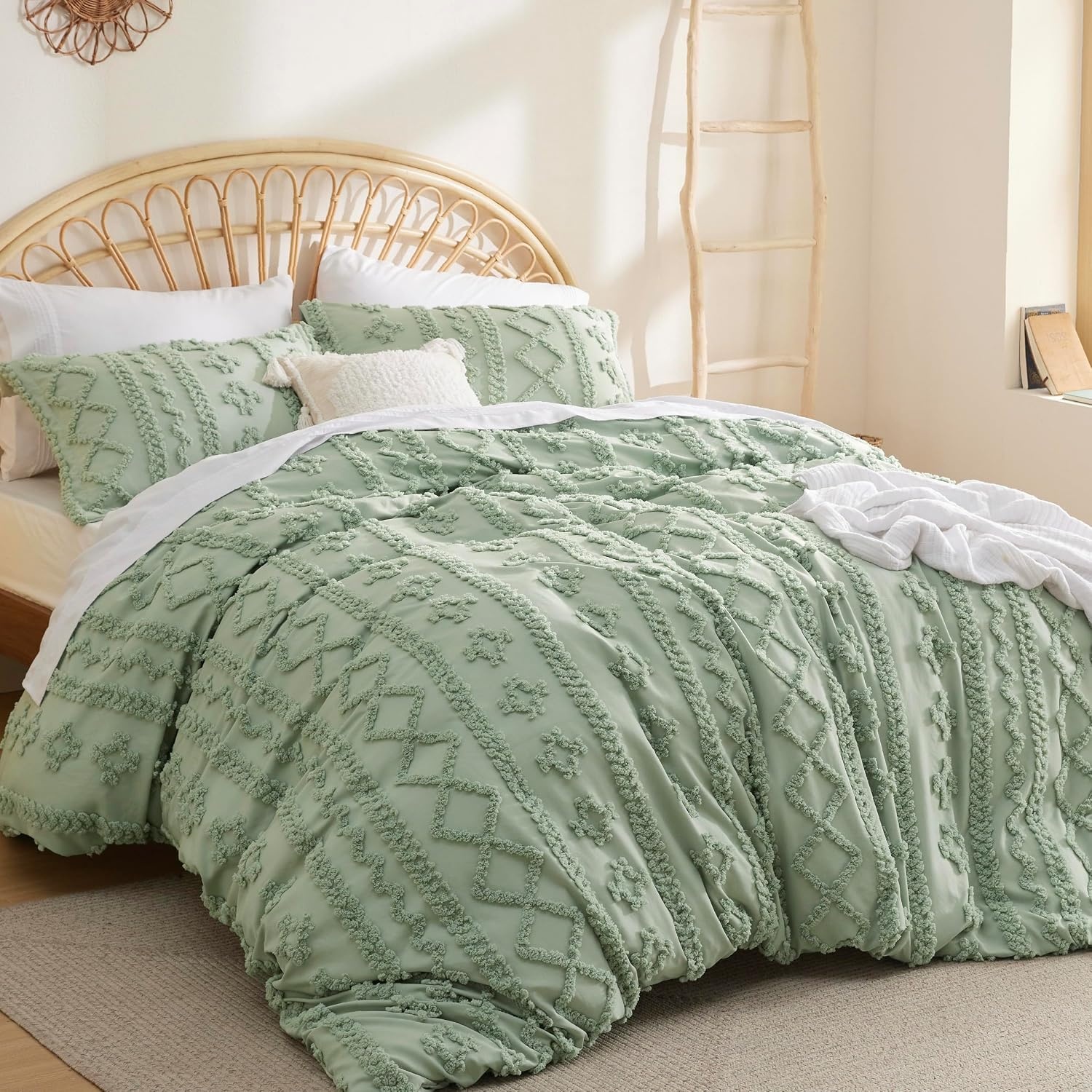 image:imageBedsure Checkered Boho Duvet Cover Queen Tufted Embroidery 3PieceBeige14 Light Green Elegant No Comforter