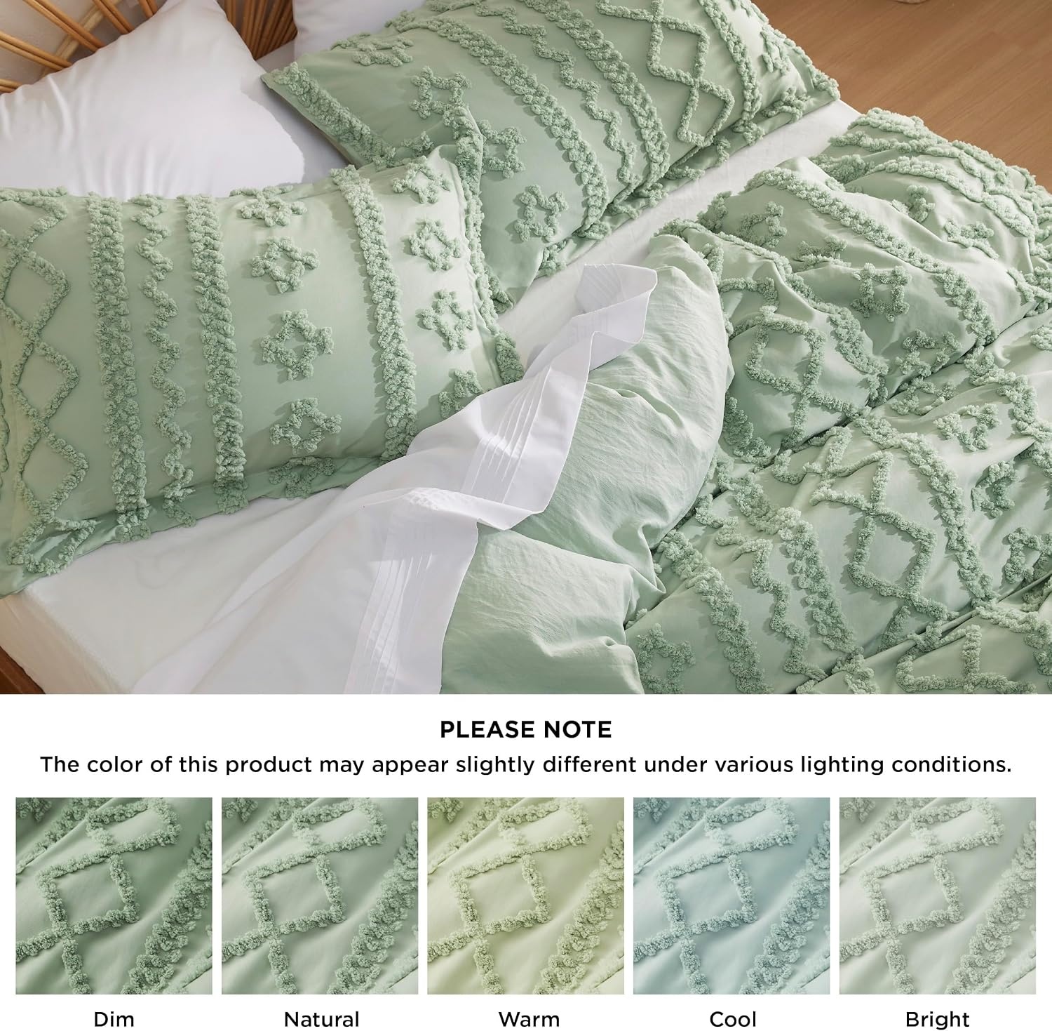image:imageBedsure Checkered Boho Duvet Cover Queen Tufted Embroidery 3PieceBeige14 Light Green Elegant No Comforter