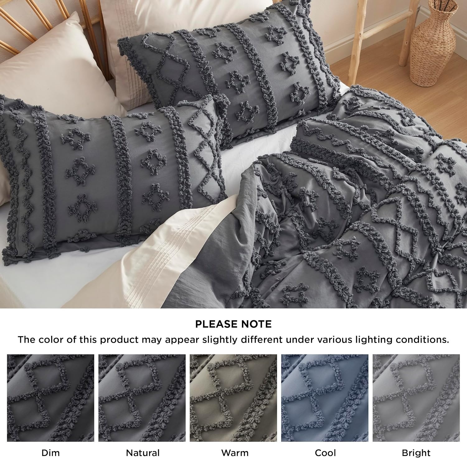 image:imageBedsure Checkered Boho Duvet Cover Queen Tufted Embroidery 3PieceBeige15 Dark Grey Elegant No Comforter