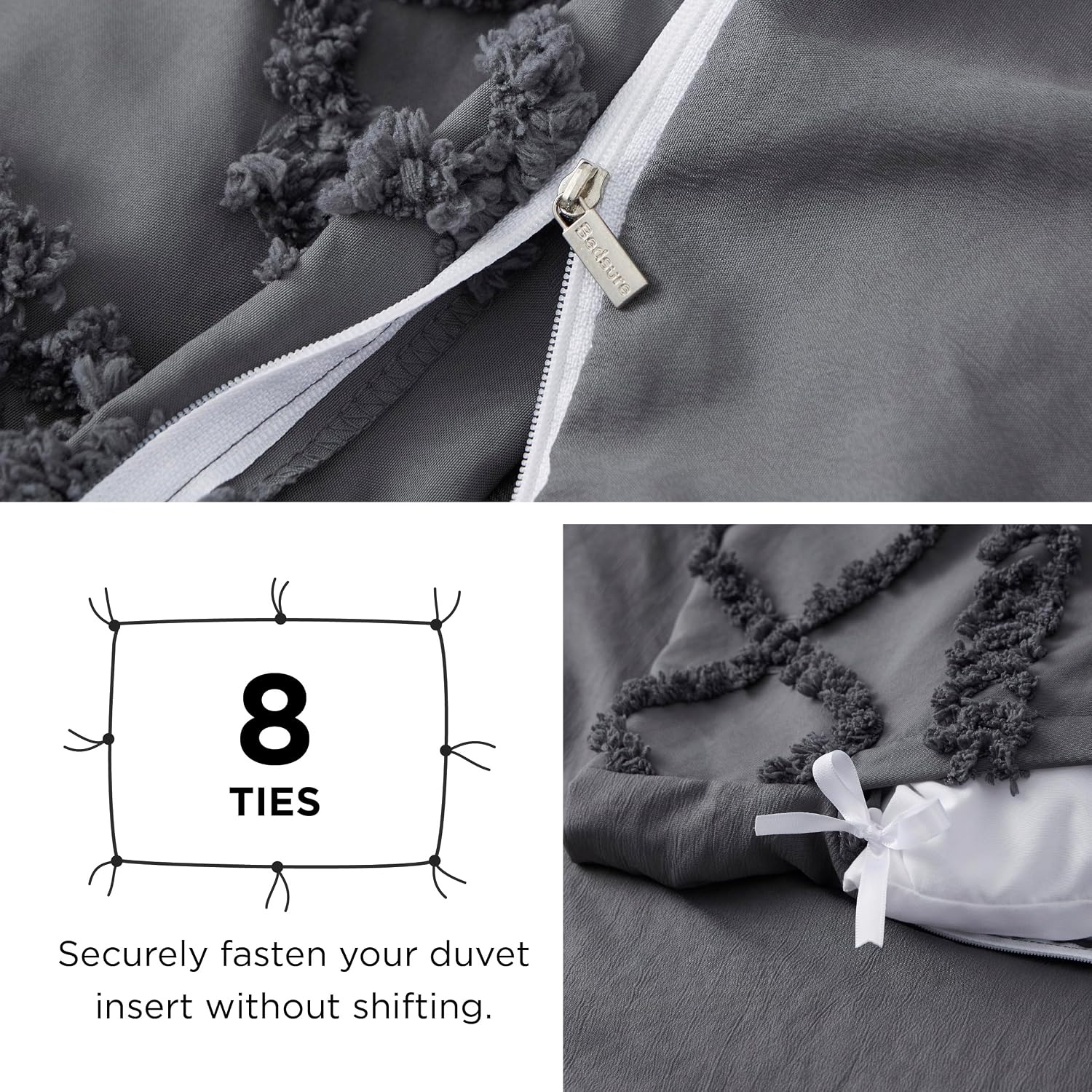 image:imageBedsure Checkered Boho Duvet Cover Queen Tufted Embroidery 3PieceBeige15 Dark Grey Elegant No Comforter
