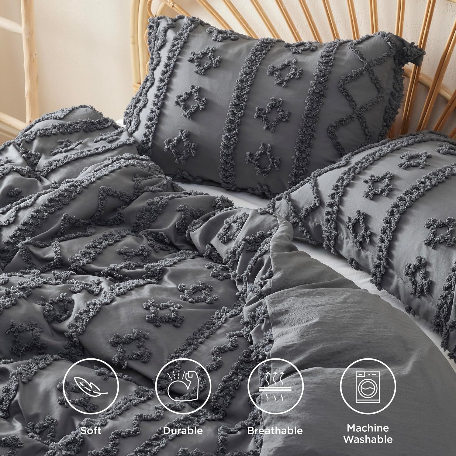 image:imageBedsure Checkered Boho Duvet Cover Queen Tufted Embroidery 3PieceBeige15 Dark Grey Elegant No Comforter