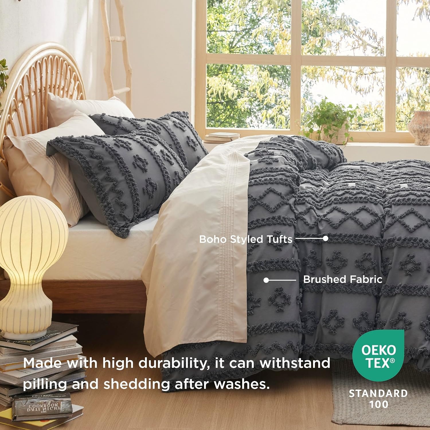image:imageBedsure Checkered Boho Duvet Cover Queen Tufted Embroidery 3PieceBeige15 Dark Grey Elegant No Comforter
