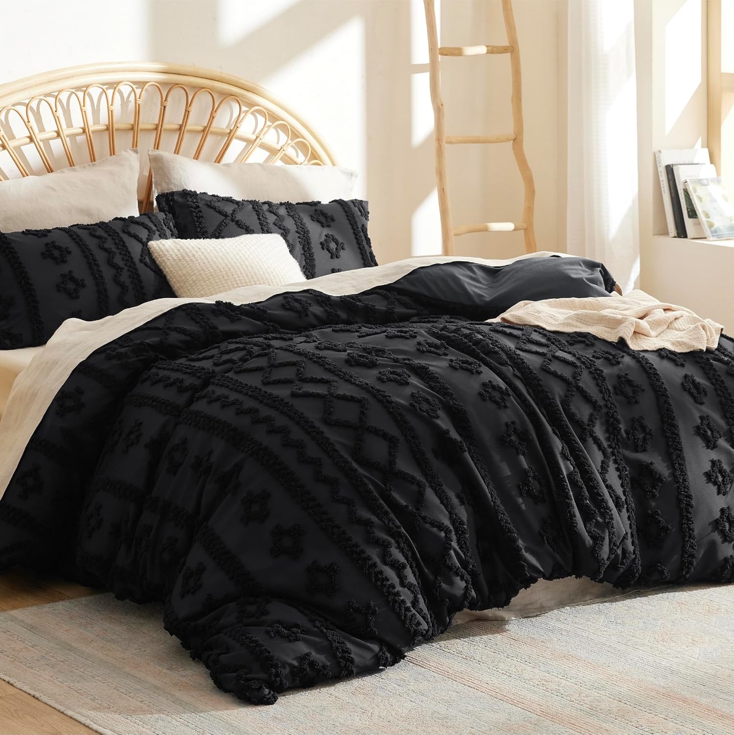 image:imageBedsure Checkered Boho Duvet Cover Queen Tufted Embroidery 3PieceBeige16 Black Elegant No Comforter