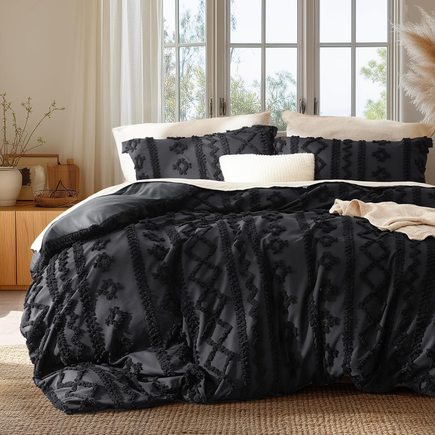 image:imageBedsure Checkered Boho Duvet Cover Queen Tufted Embroidery 3PieceBeige16 Black Elegant No Comforter