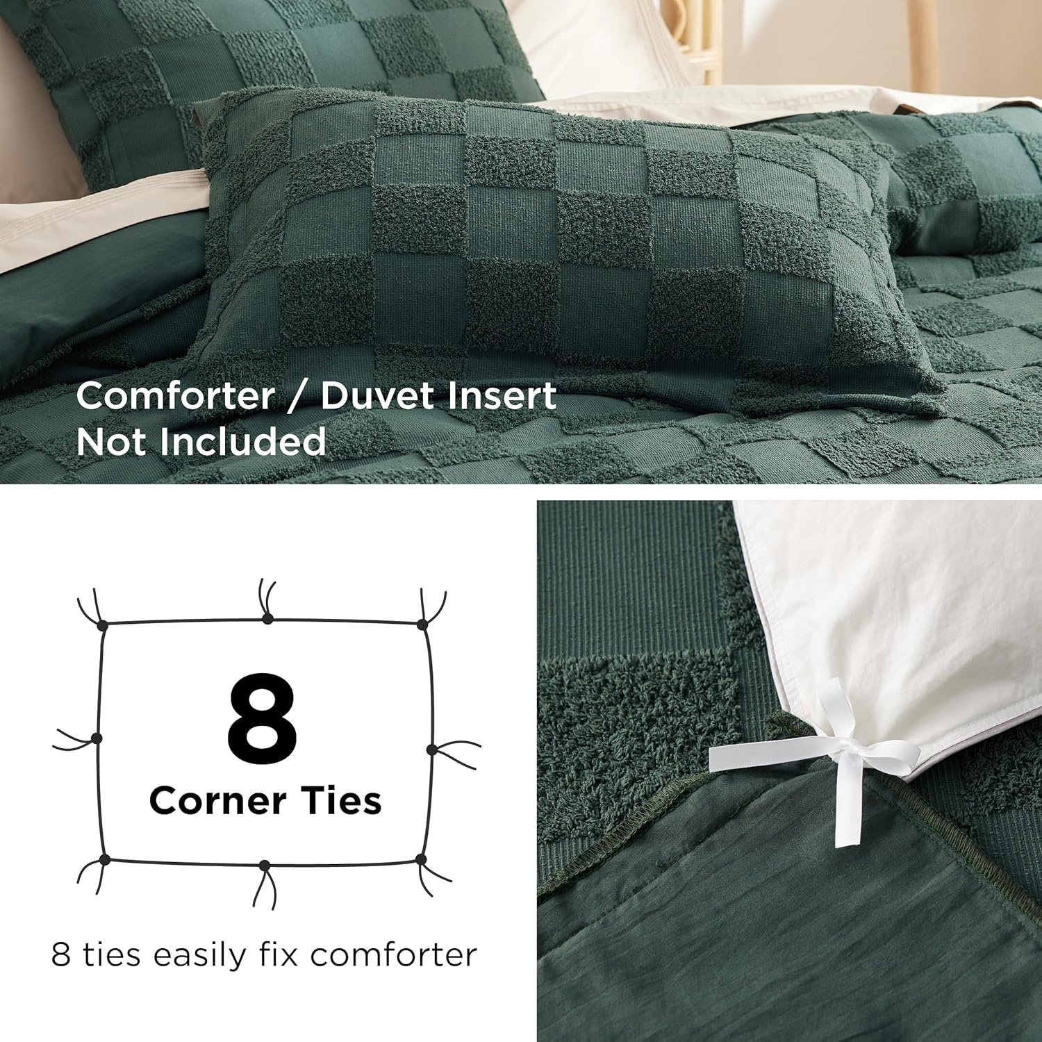 image:imageBedsure Checkered Boho Duvet Cover Queen Tufted Embroidery 3PieceBeige17 Forest Green Checkered No Comforter