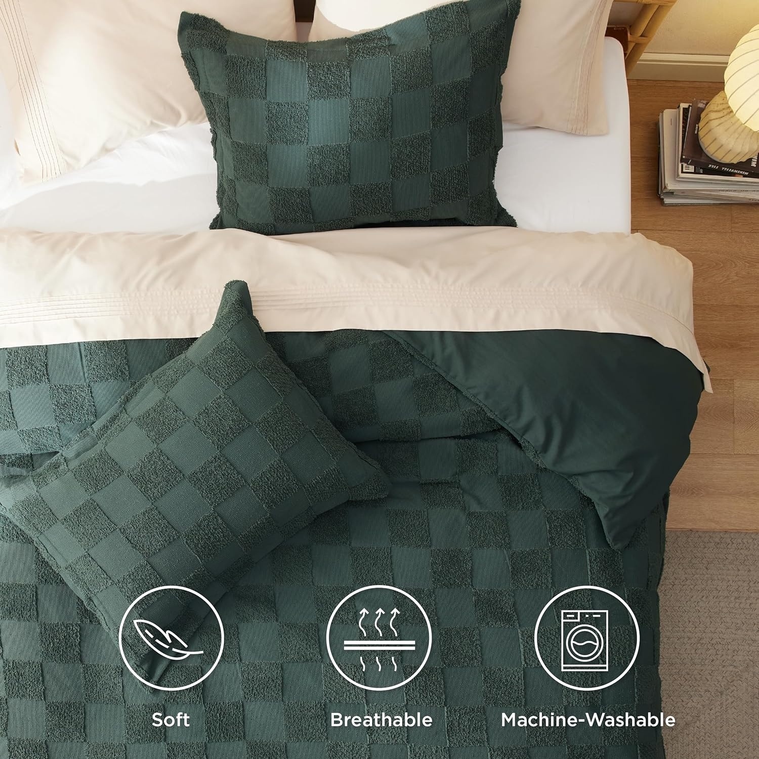 image:imageBedsure Checkered Boho Duvet Cover Queen Tufted Embroidery 3PieceBeige17 Forest Green Checkered No Comforter