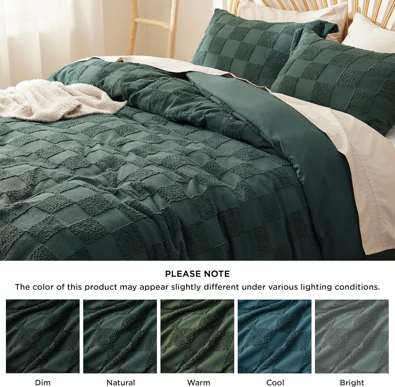 image:imageBedsure Checkered Boho Duvet Cover Queen Tufted Embroidery 3PieceBeige17 Forest Green Checkered No Comforter