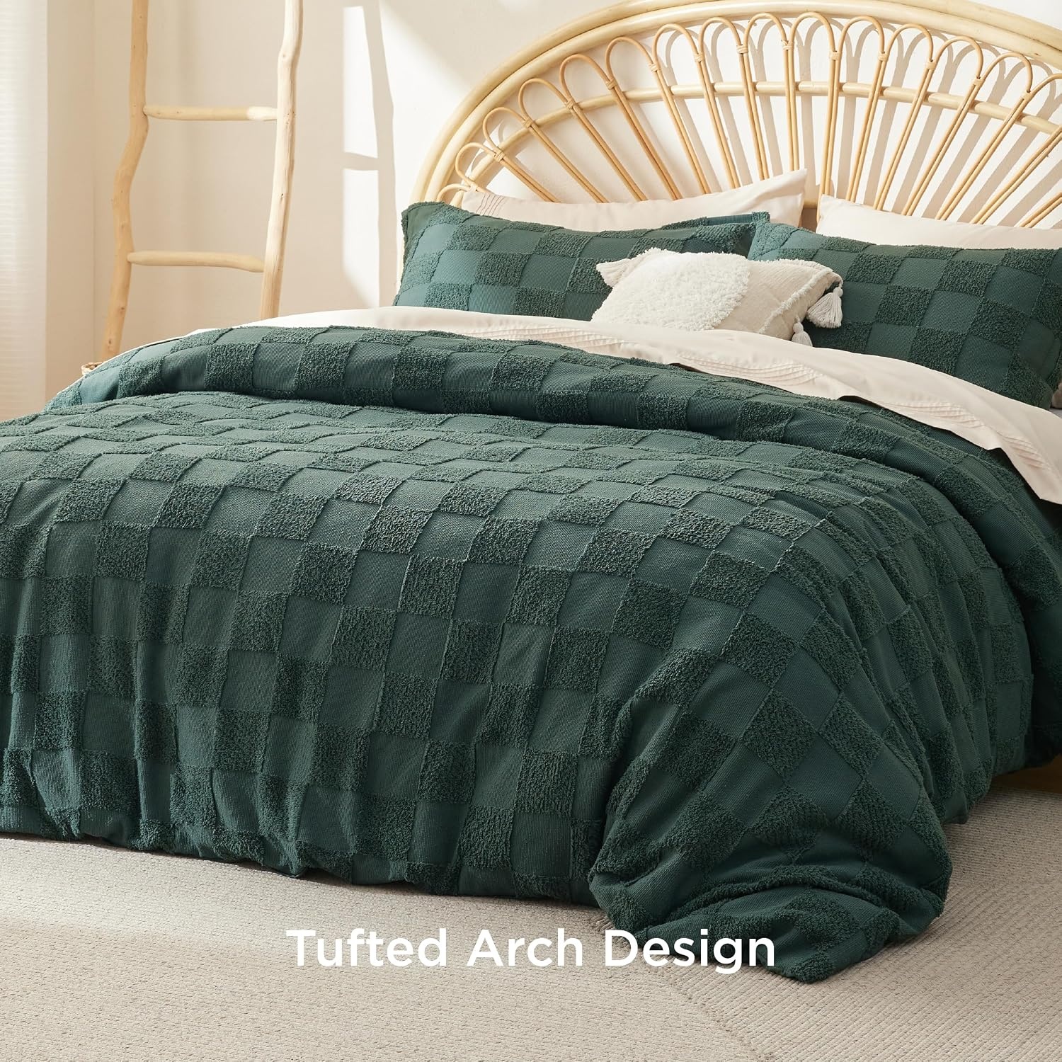 image:imageBedsure Checkered Boho Duvet Cover Queen Tufted Embroidery 3PieceBeige17 Forest Green Checkered No Comforter