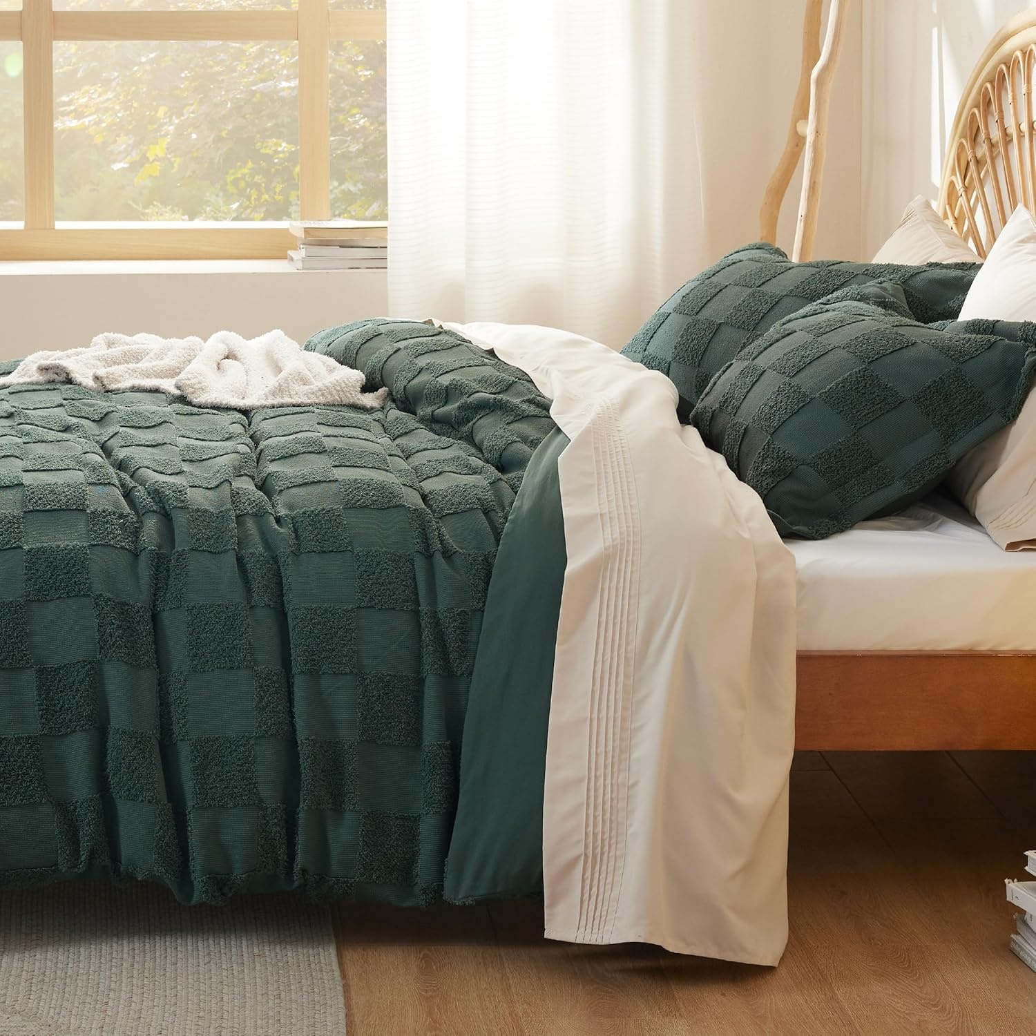 image:imageBedsure Checkered Boho Duvet Cover Queen Tufted Embroidery 3PieceBeige17 Forest Green Checkered No Comforter