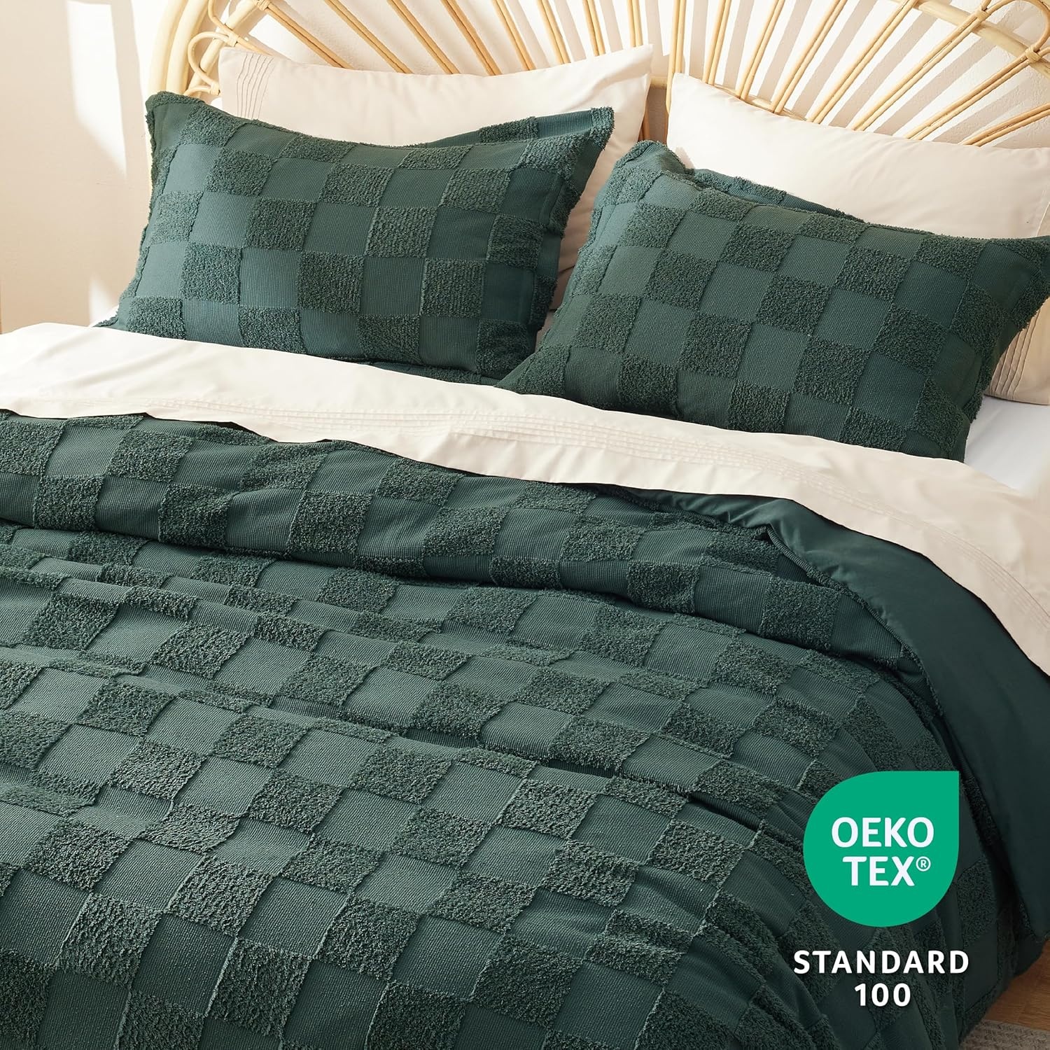 image:imageBedsure Checkered Boho Duvet Cover Queen Tufted Embroidery 3PieceBeige17 Forest Green Checkered No Comforter