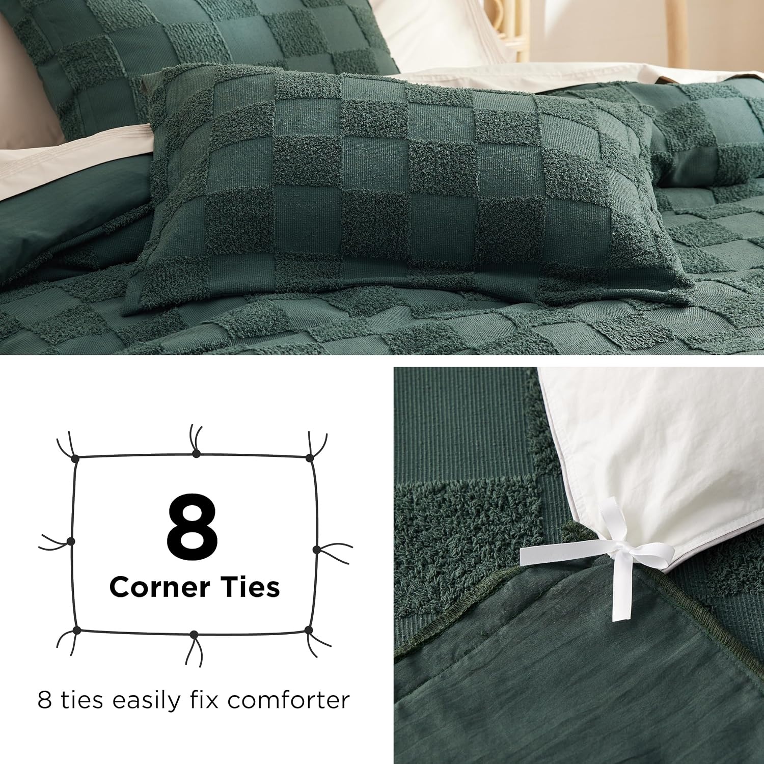 image:imageBedsure Checkered Boho Duvet Cover Queen Tufted Embroidery 3PieceBeige17 Forest Green Checkered No Comforter