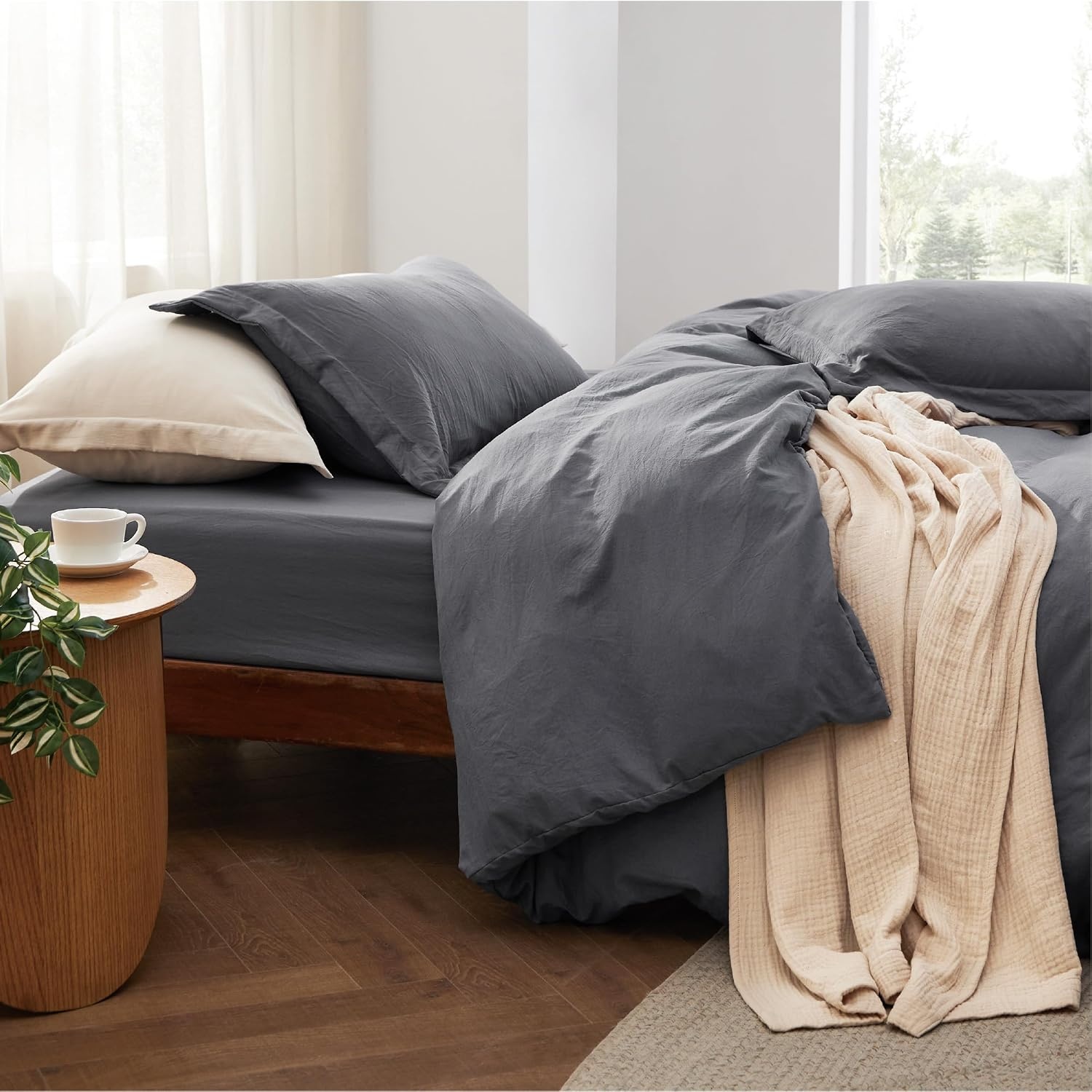 image:imageBedsure Tan Gingham Ruffle Duvet Cover SetVintage Farmhouse Bedding Queen01 Dark Grey No Comforter