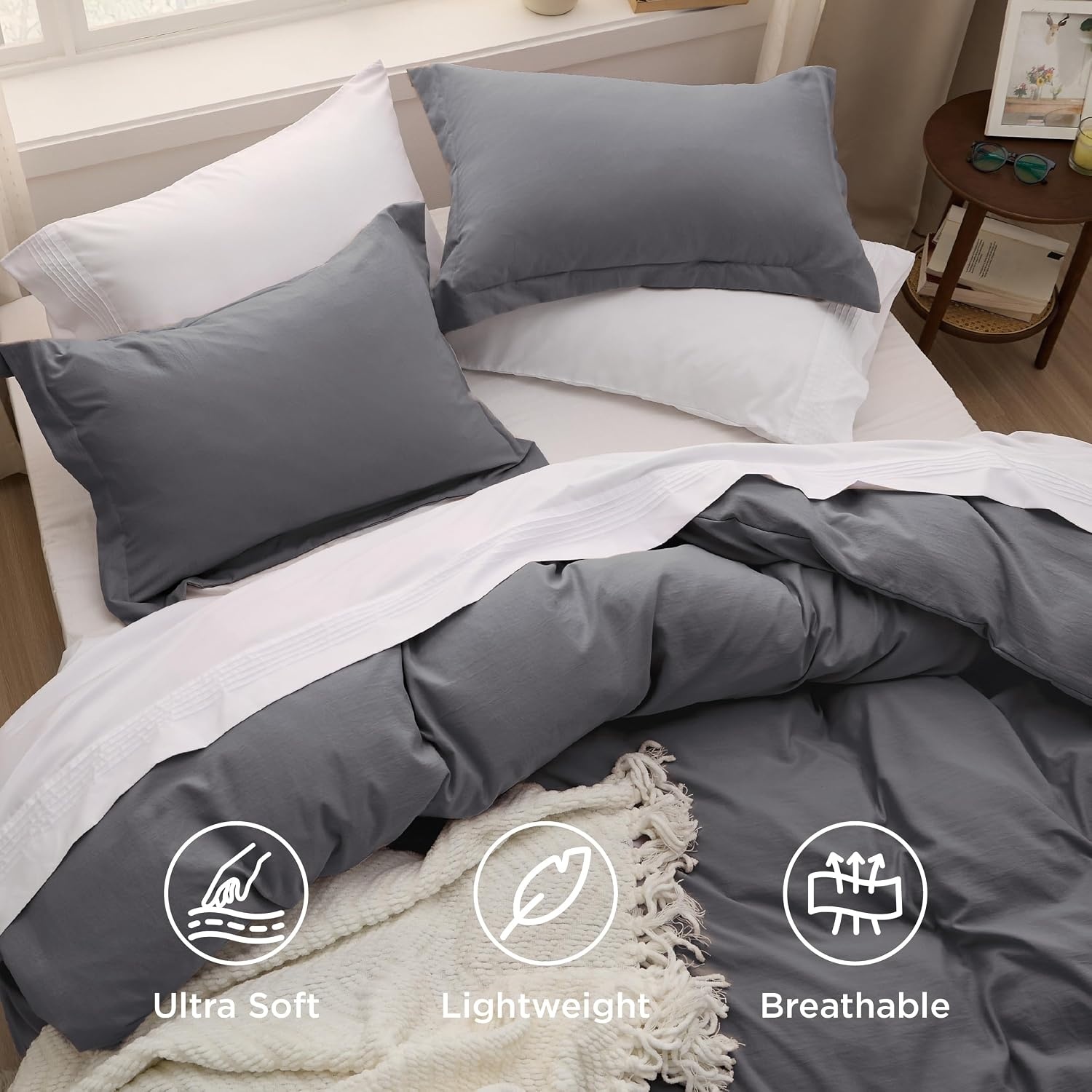 image:imageBedsure Tan Gingham Ruffle Duvet Cover SetVintage Farmhouse Bedding Queen01 Dark Grey No Comforter