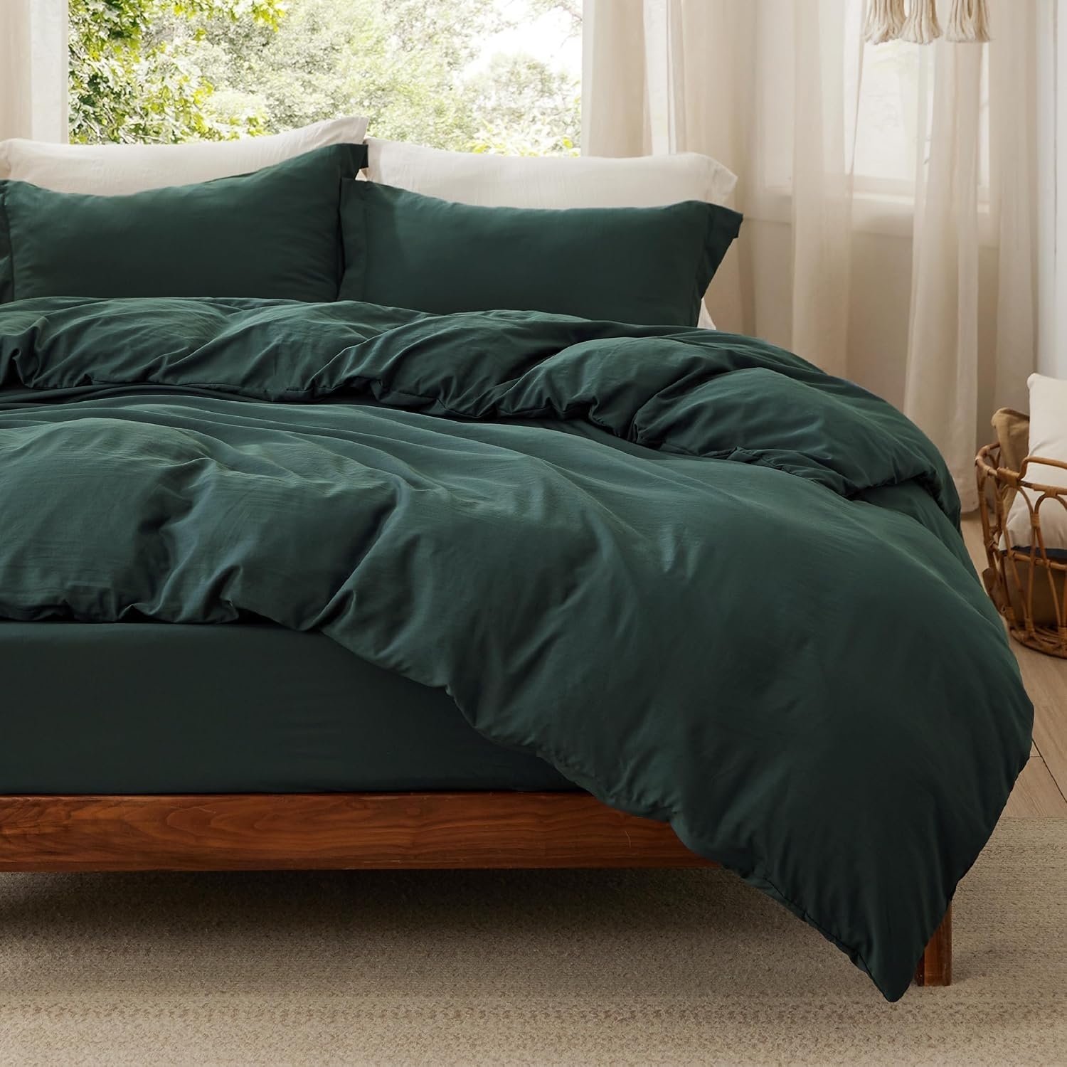 image:imageBedsure Tan Gingham Ruffle Duvet Cover SetVintage Farmhouse Bedding Queen01 Forest Green No Comforter