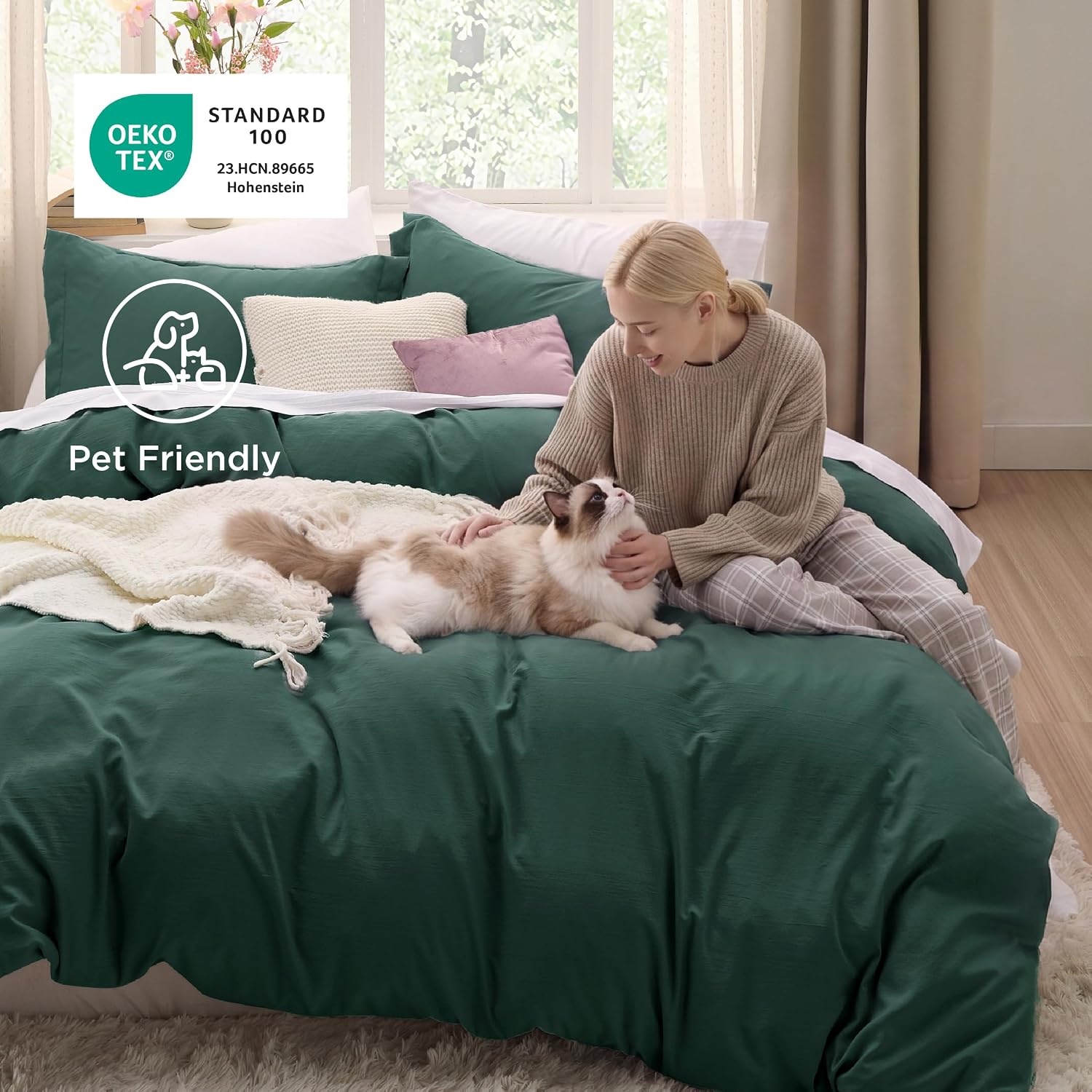 image:imageBedsure Tan Gingham Ruffle Duvet Cover SetVintage Farmhouse Bedding Queen01 Forest Green No Comforter