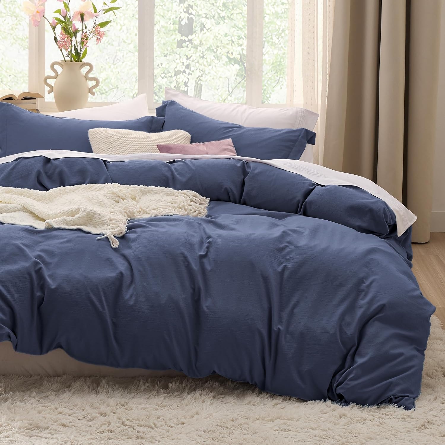 image:imageBedsure Tan Gingham Ruffle Duvet Cover SetVintage Farmhouse Bedding Queen01 Navy No Comforter