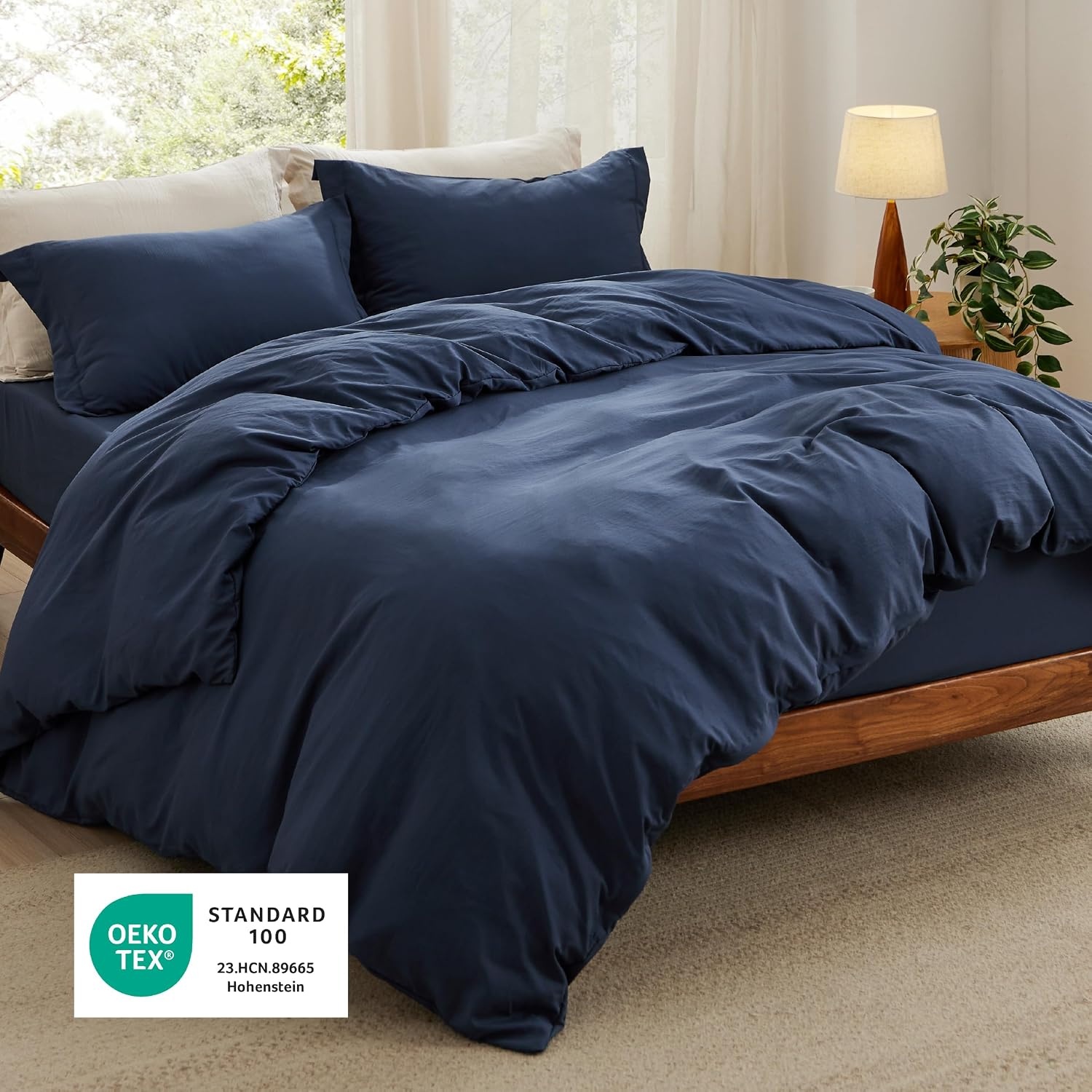 image:imageBedsure Tan Gingham Ruffle Duvet Cover SetVintage Farmhouse Bedding Queen01 Navy No Comforter