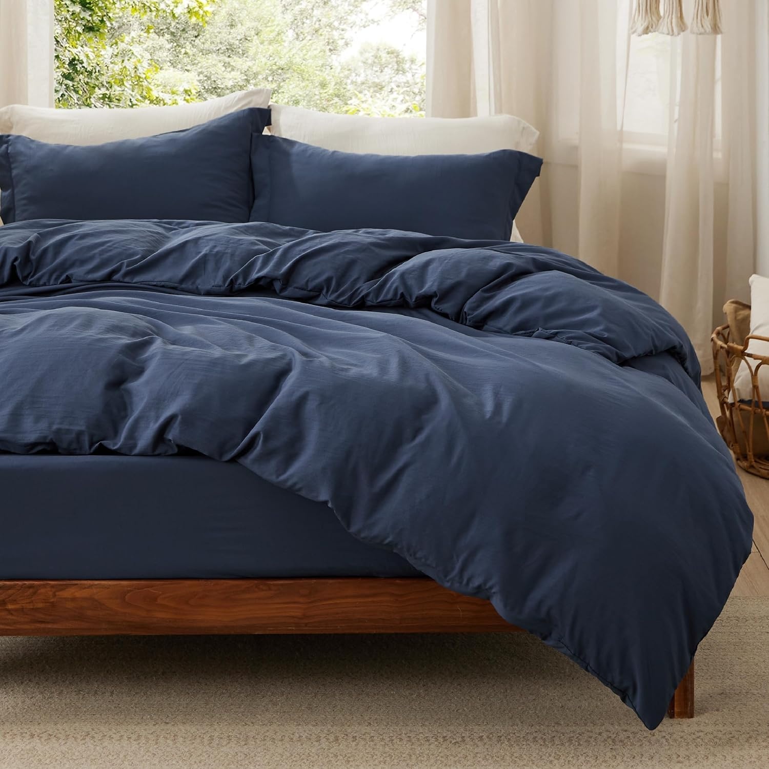 image:imageBedsure Tan Gingham Ruffle Duvet Cover SetVintage Farmhouse Bedding Queen01 Navy No Comforter
