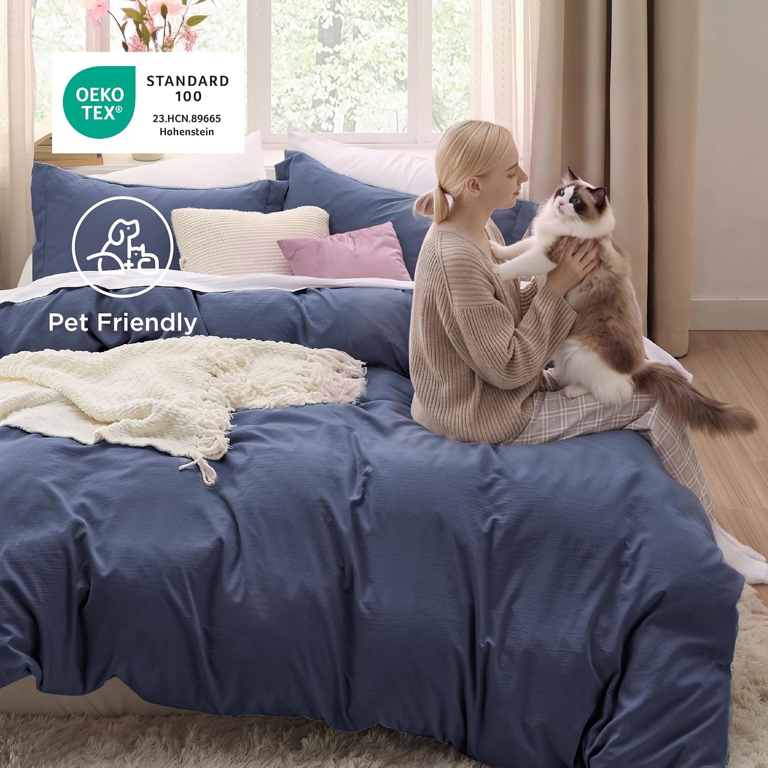 image:imageBedsure Tan Gingham Ruffle Duvet Cover SetVintage Farmhouse Bedding Queen01 Navy No Comforter