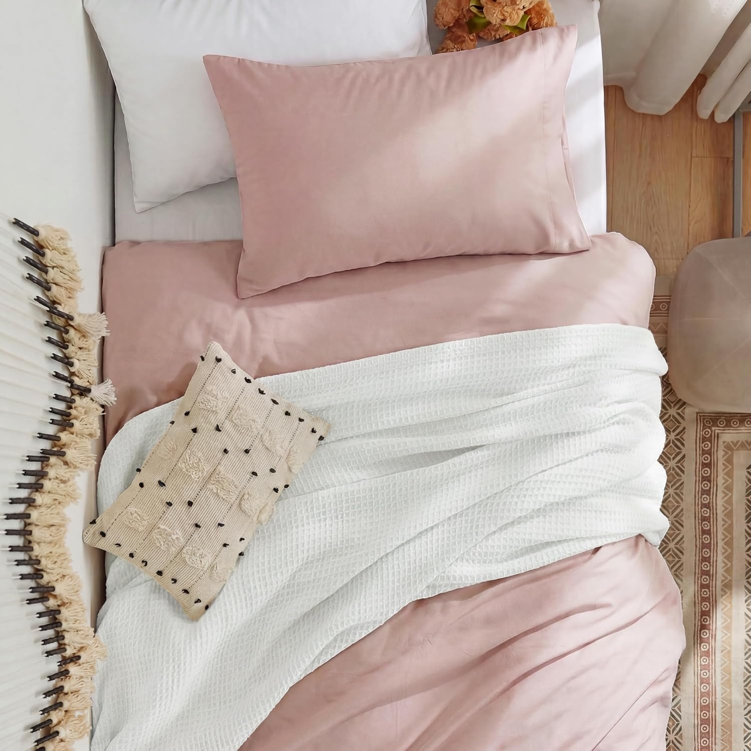 image:imageBedsure Tan Gingham Ruffle Duvet Cover SetVintage Farmhouse Bedding Queen01 Rose Pink No Comforter