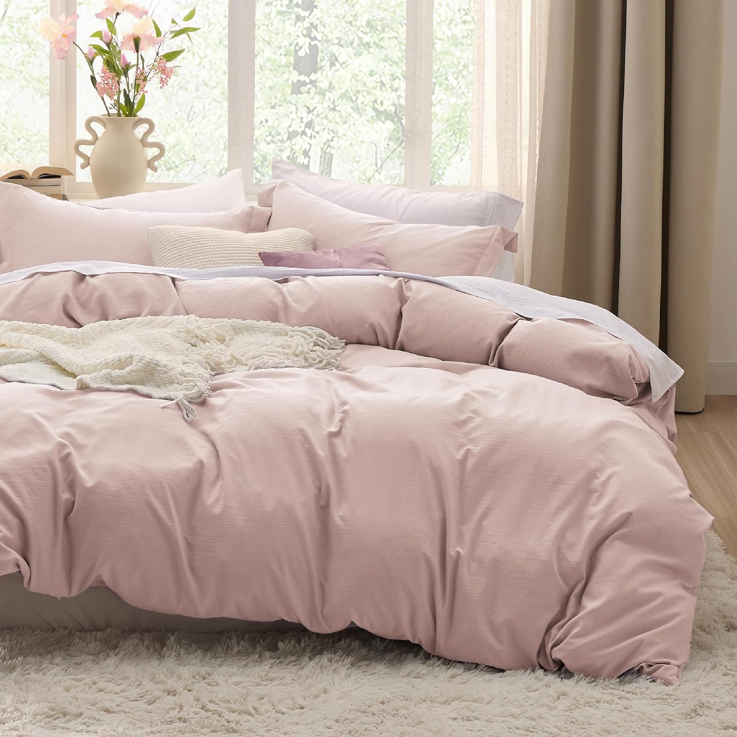 image:imageBedsure Tan Gingham Ruffle Duvet Cover SetVintage Farmhouse Bedding Queen01 Rose Pink No Comforter