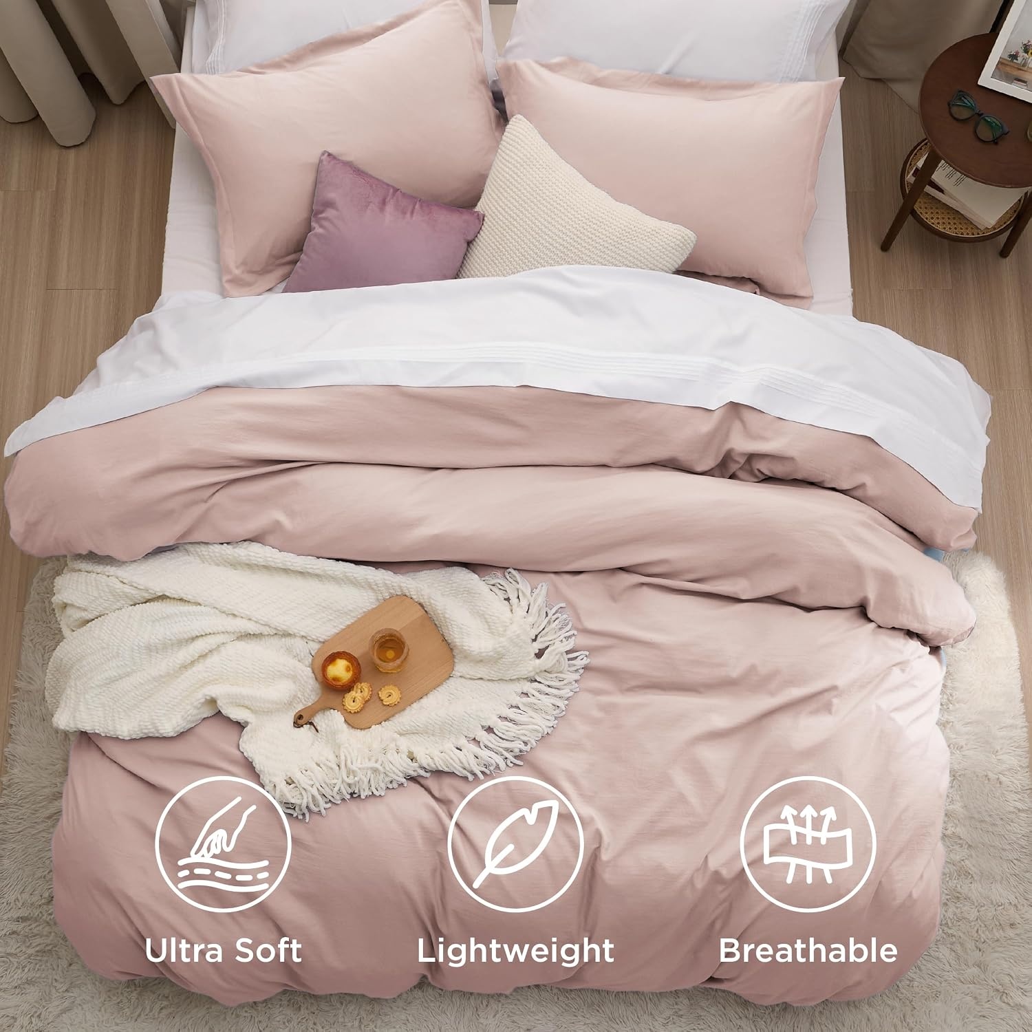 image:imageBedsure Tan Gingham Ruffle Duvet Cover SetVintage Farmhouse Bedding Queen01 Rose Pink No Comforter