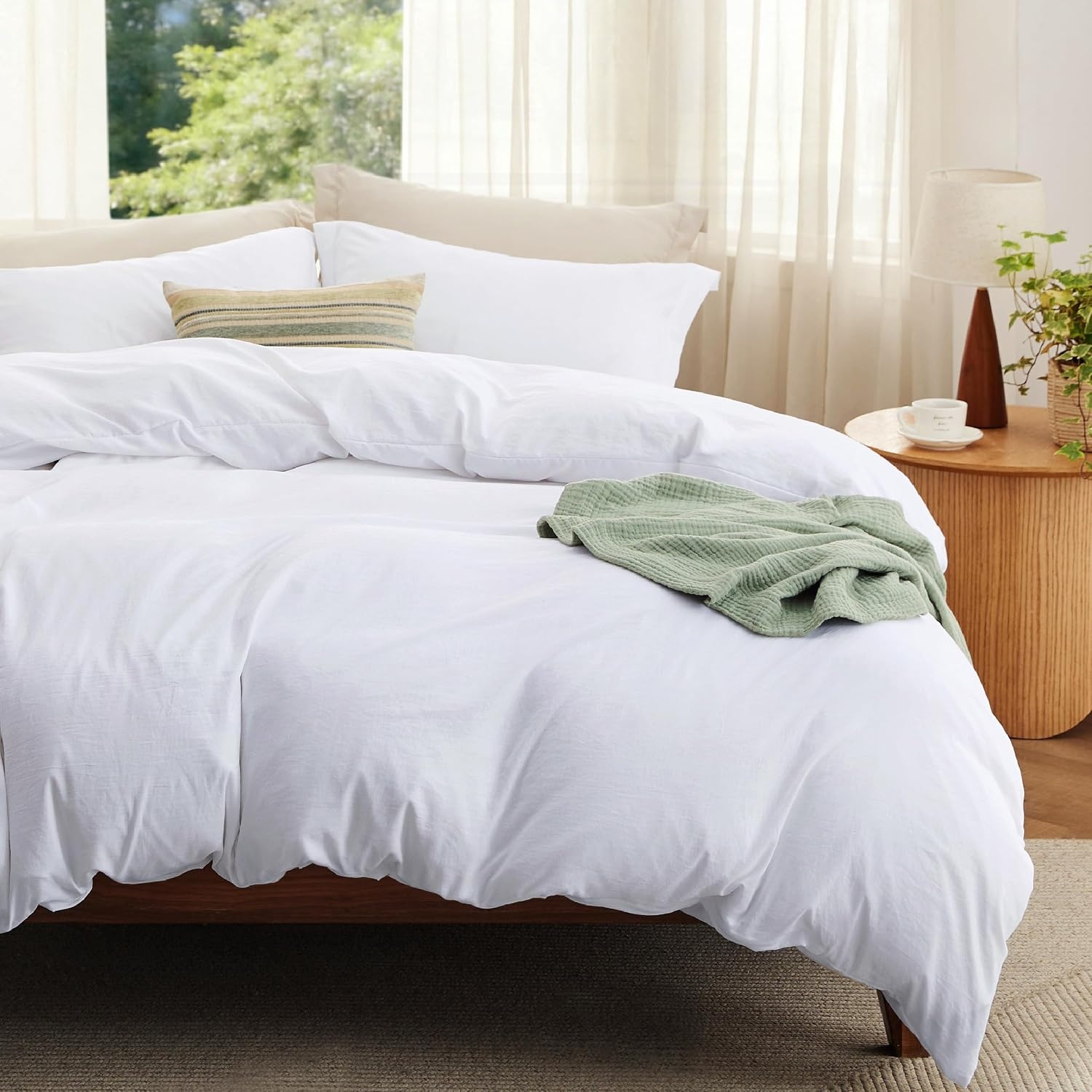 image:imageBedsure Tan Gingham Ruffle Duvet Cover SetVintage Farmhouse Bedding Queen02 Bright White No Comforter