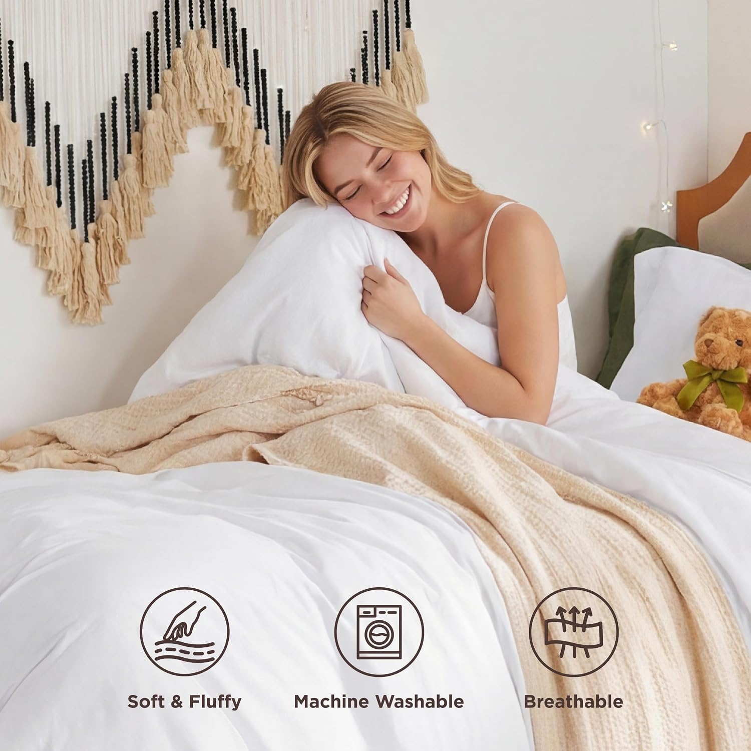 image:imageBedsure Tan Gingham Ruffle Duvet Cover SetVintage Farmhouse Bedding Queen02 Bright White No Comforter