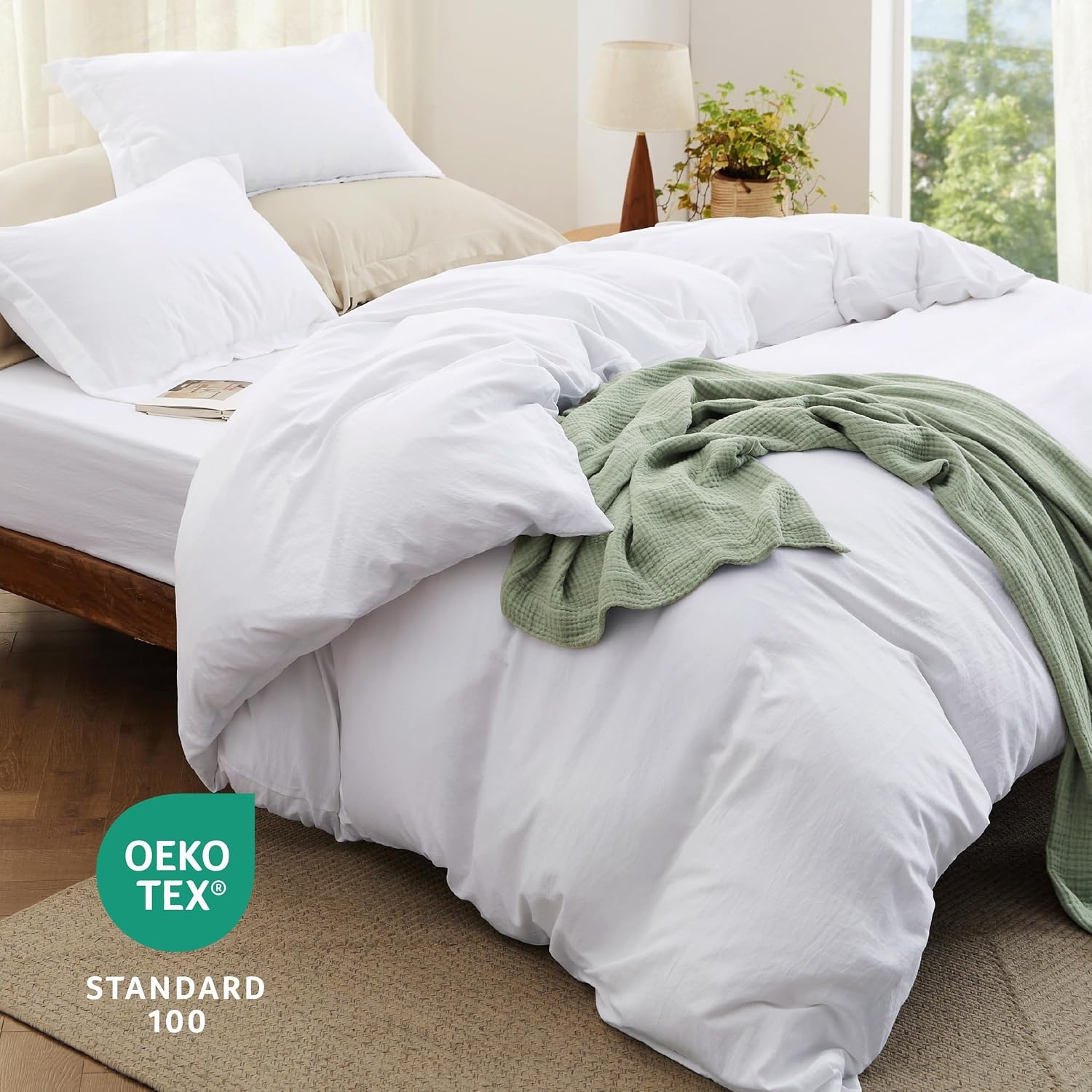 image:imageBedsure Tan Gingham Ruffle Duvet Cover SetVintage Farmhouse Bedding Queen02 Bright White No Comforter