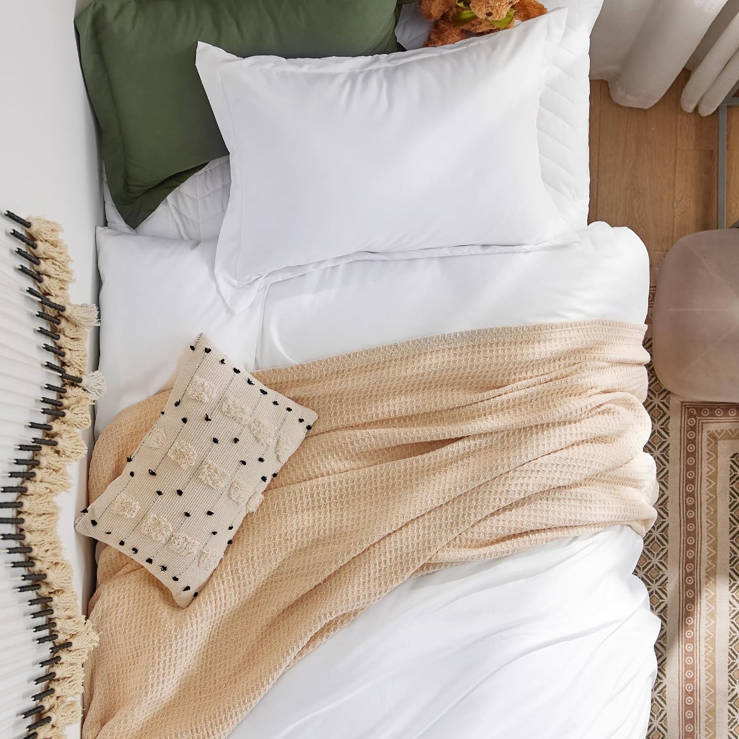 image:imageBedsure Tan Gingham Ruffle Duvet Cover SetVintage Farmhouse Bedding Queen02 Bright White No Comforter