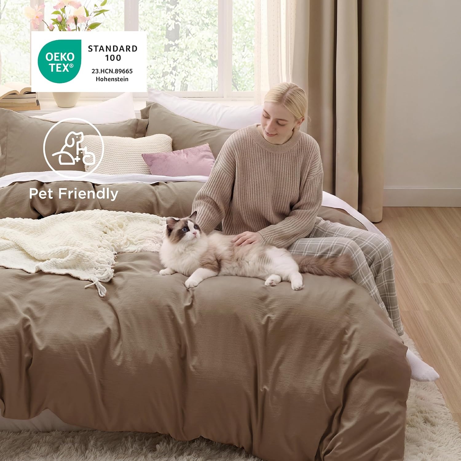 image:imageBedsure Tan Gingham Ruffle Duvet Cover SetVintage Farmhouse Bedding Queen02 Brown No Comforter
