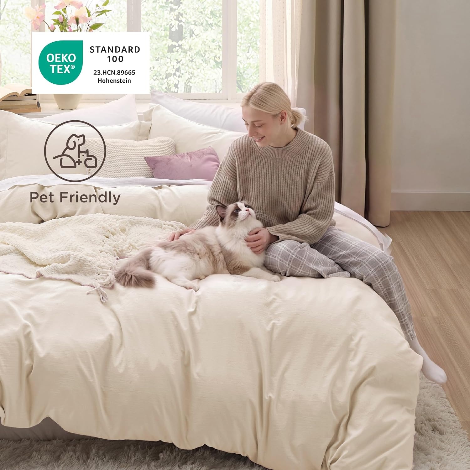 image:imageBedsure Tan Gingham Ruffle Duvet Cover SetVintage Farmhouse Bedding Queen02 Cream No Comforter