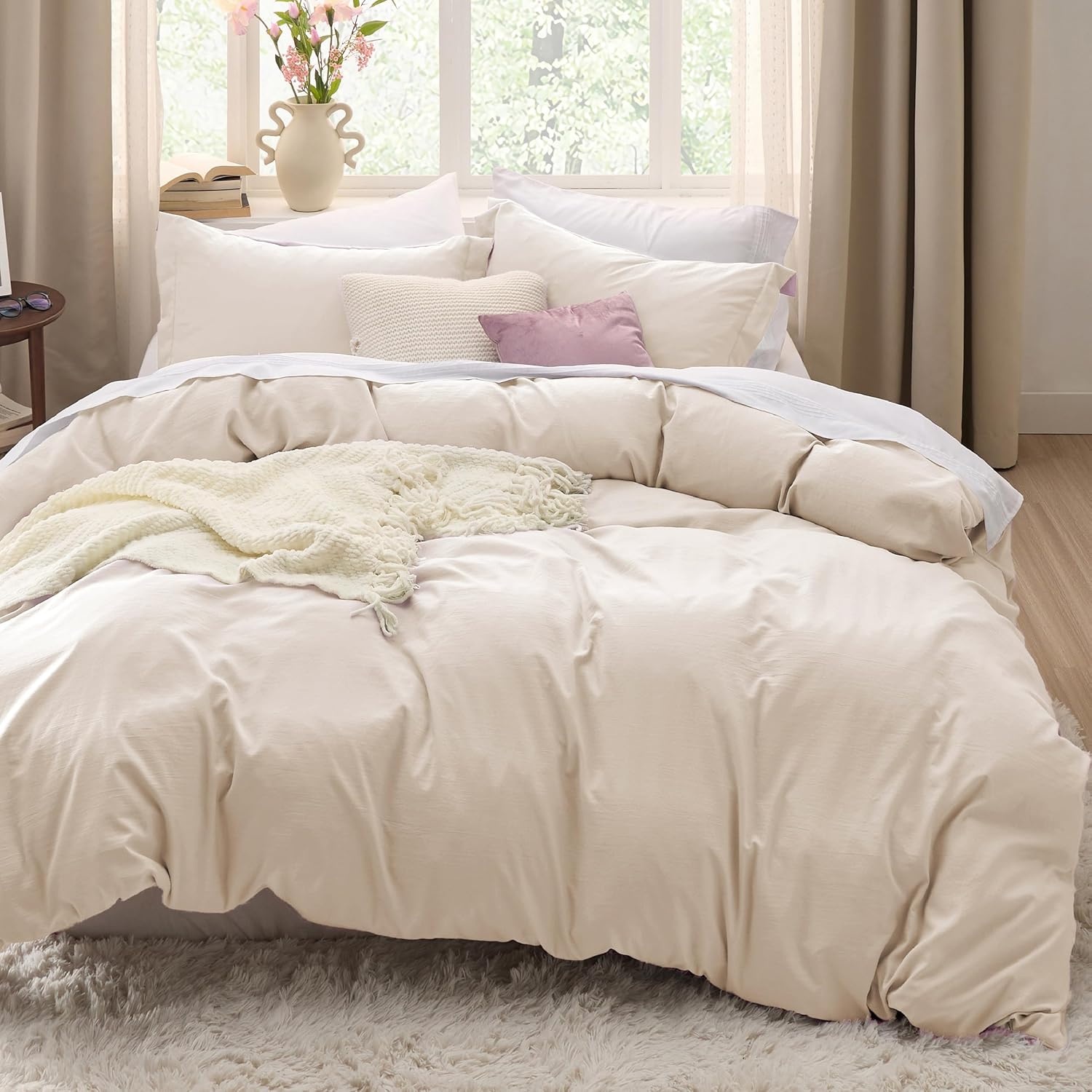 image:imageBedsure Tan Gingham Ruffle Duvet Cover SetVintage Farmhouse Bedding Queen02 Cream No Comforter