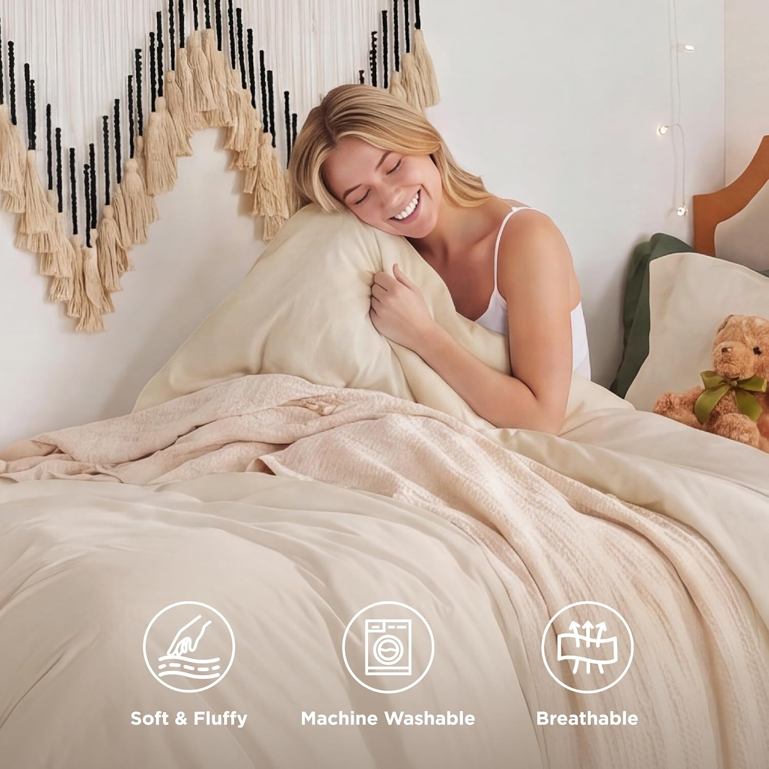 image:imageBedsure Tan Gingham Ruffle Duvet Cover SetVintage Farmhouse Bedding Queen02 Cream No Comforter