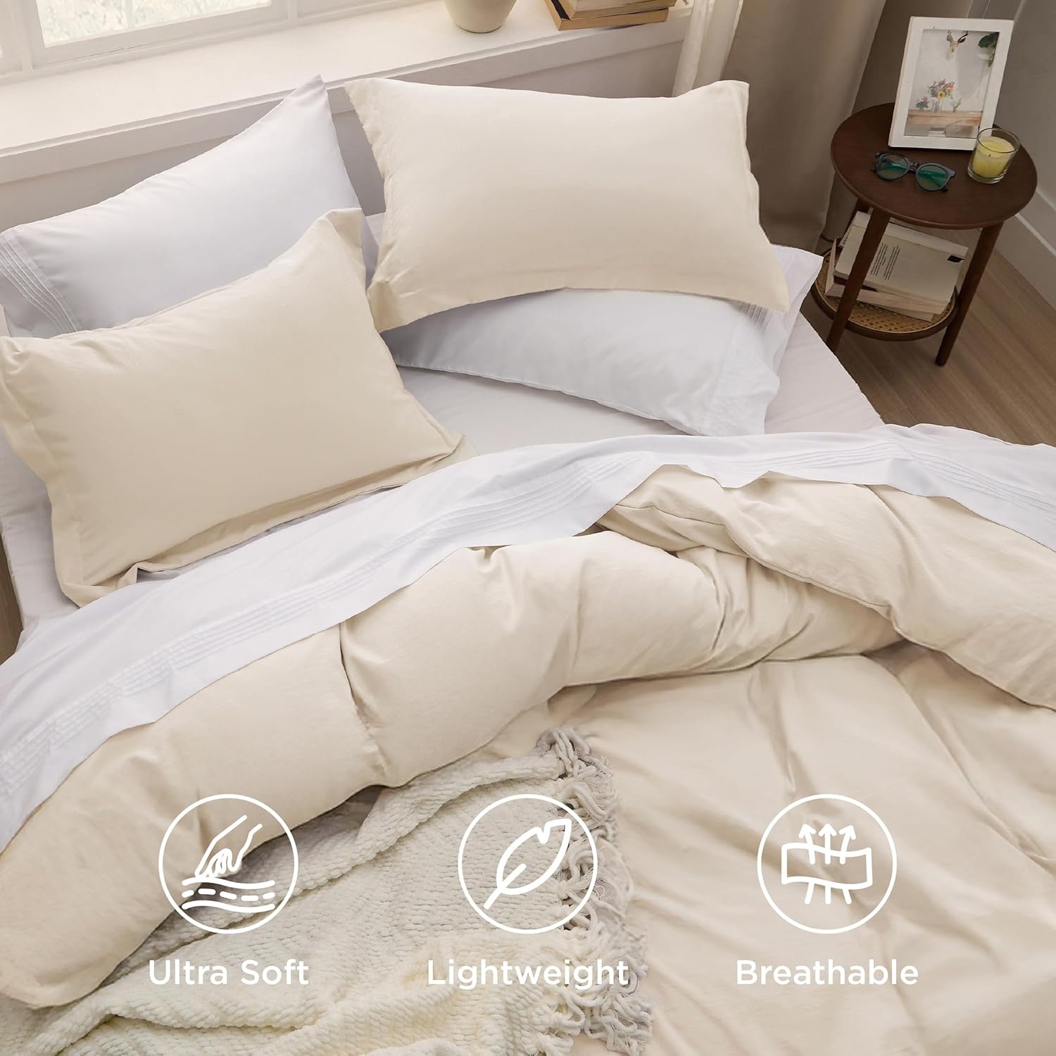 image:imageBedsure Tan Gingham Ruffle Duvet Cover SetVintage Farmhouse Bedding Queen02 Cream No Comforter