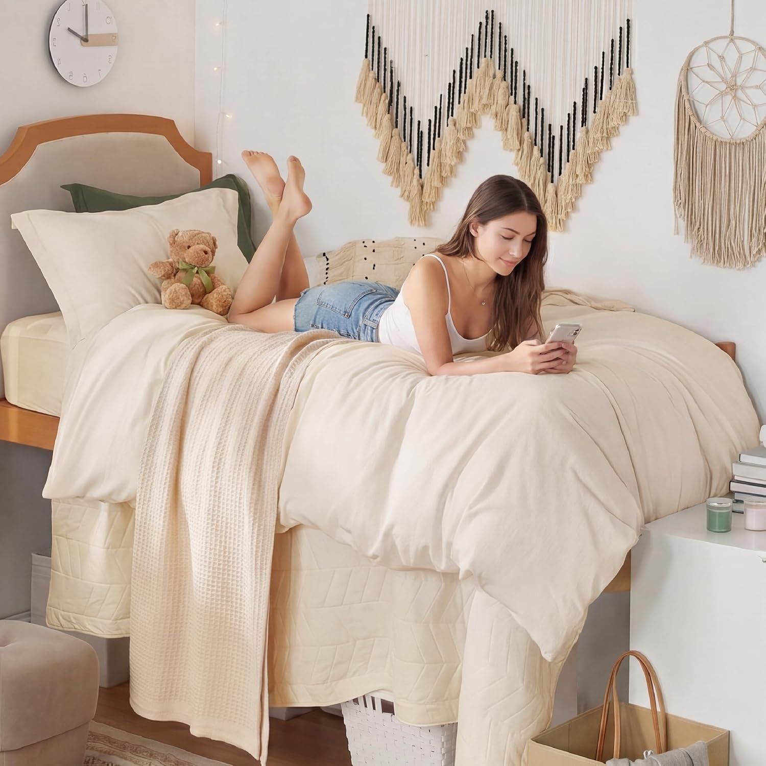 image:imageBedsure Tan Gingham Ruffle Duvet Cover SetVintage Farmhouse Bedding Queen02 Cream No Comforter