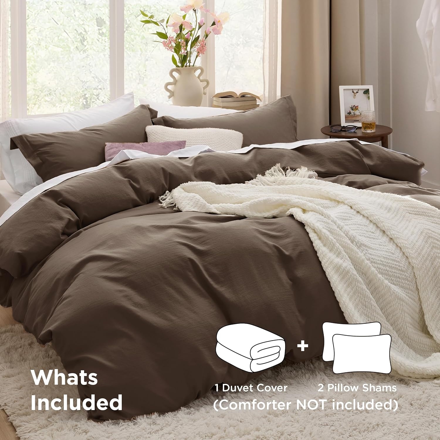 image:imageBedsure Tan Gingham Ruffle Duvet Cover SetVintage Farmhouse Bedding Queen02 Dark Brown No Comforter
