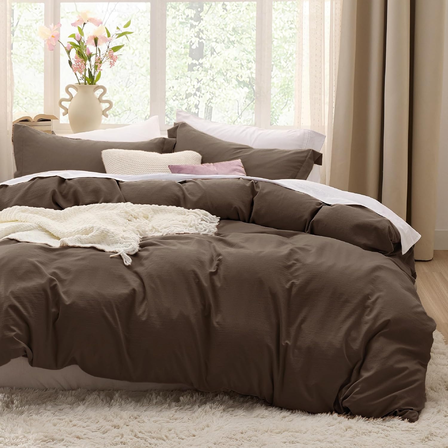 image:imageBedsure Tan Gingham Ruffle Duvet Cover SetVintage Farmhouse Bedding Queen02 Dark Brown No Comforter