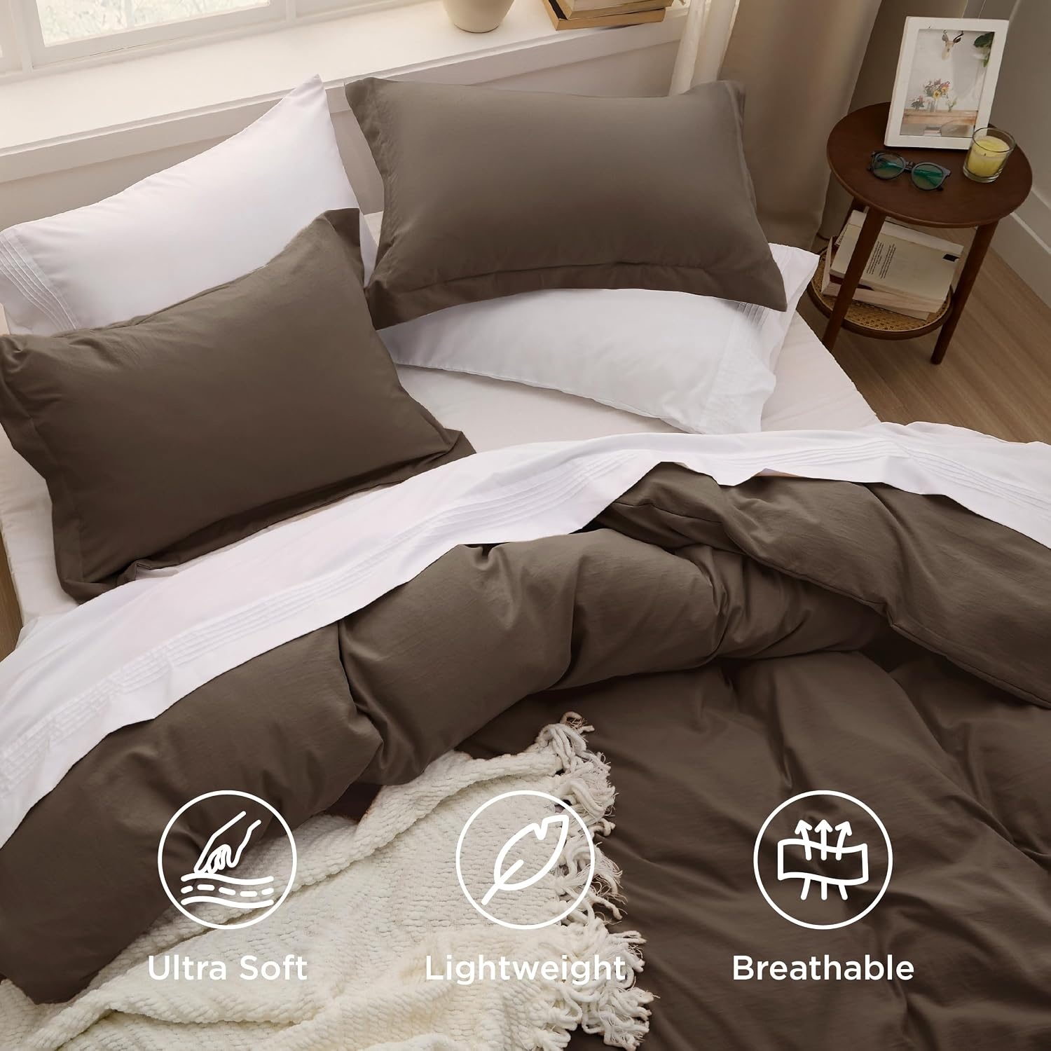 image:imageBedsure Tan Gingham Ruffle Duvet Cover SetVintage Farmhouse Bedding Queen02 Dark Brown No Comforter
