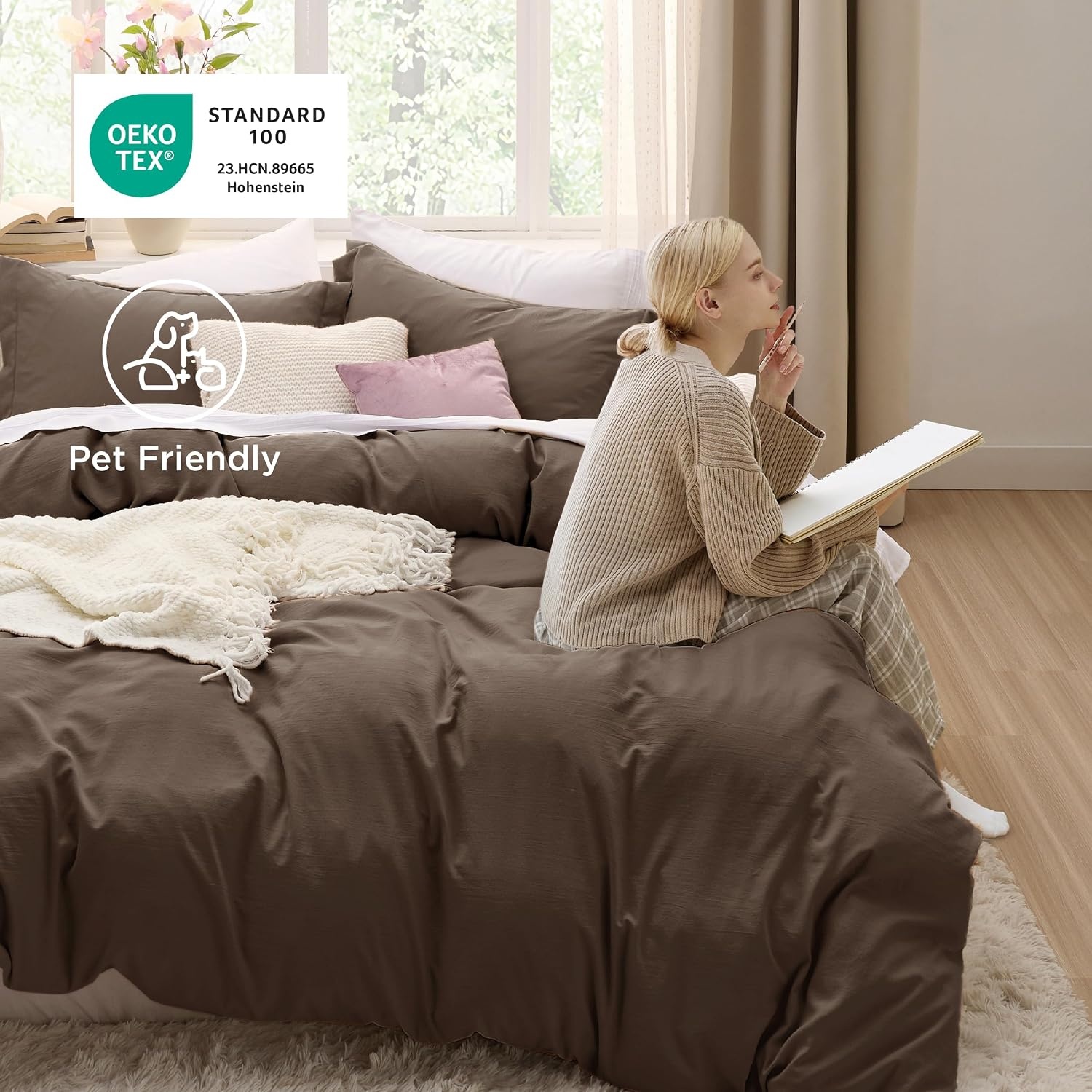 image:imageBedsure Tan Gingham Ruffle Duvet Cover SetVintage Farmhouse Bedding Queen02 Dark Brown No Comforter