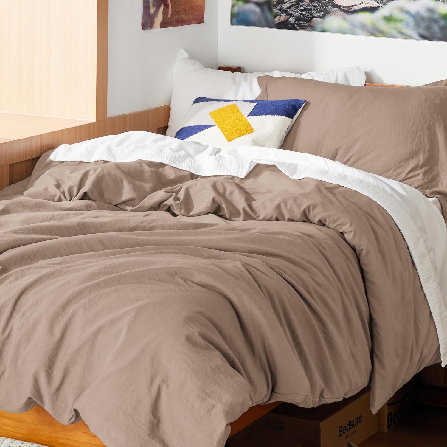 image:imageBedsure Tan Gingham Ruffle Duvet Cover SetVintage Farmhouse Bedding Queen02 Khaki No Comforter