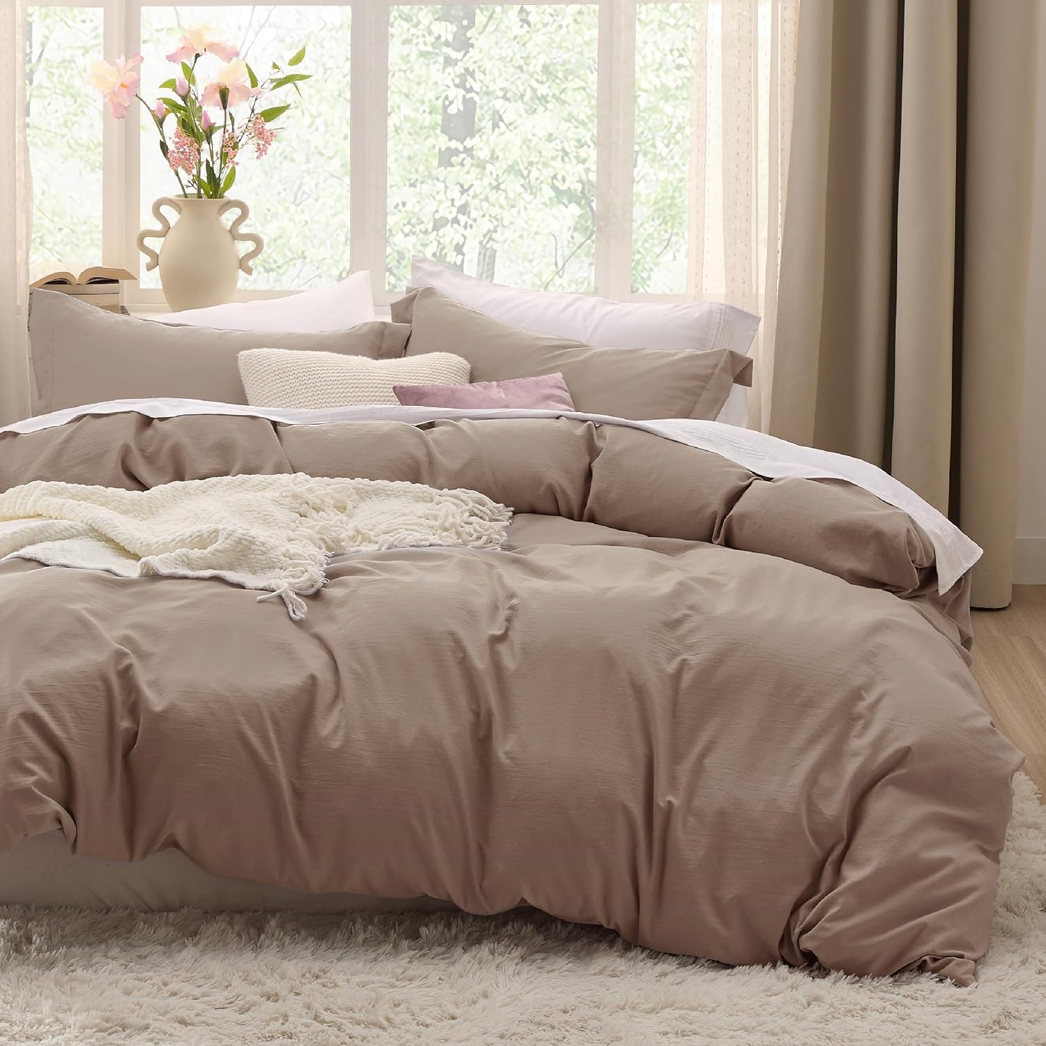 image:imageBedsure Tan Gingham Ruffle Duvet Cover SetVintage Farmhouse Bedding Queen02 Khaki No Comforter