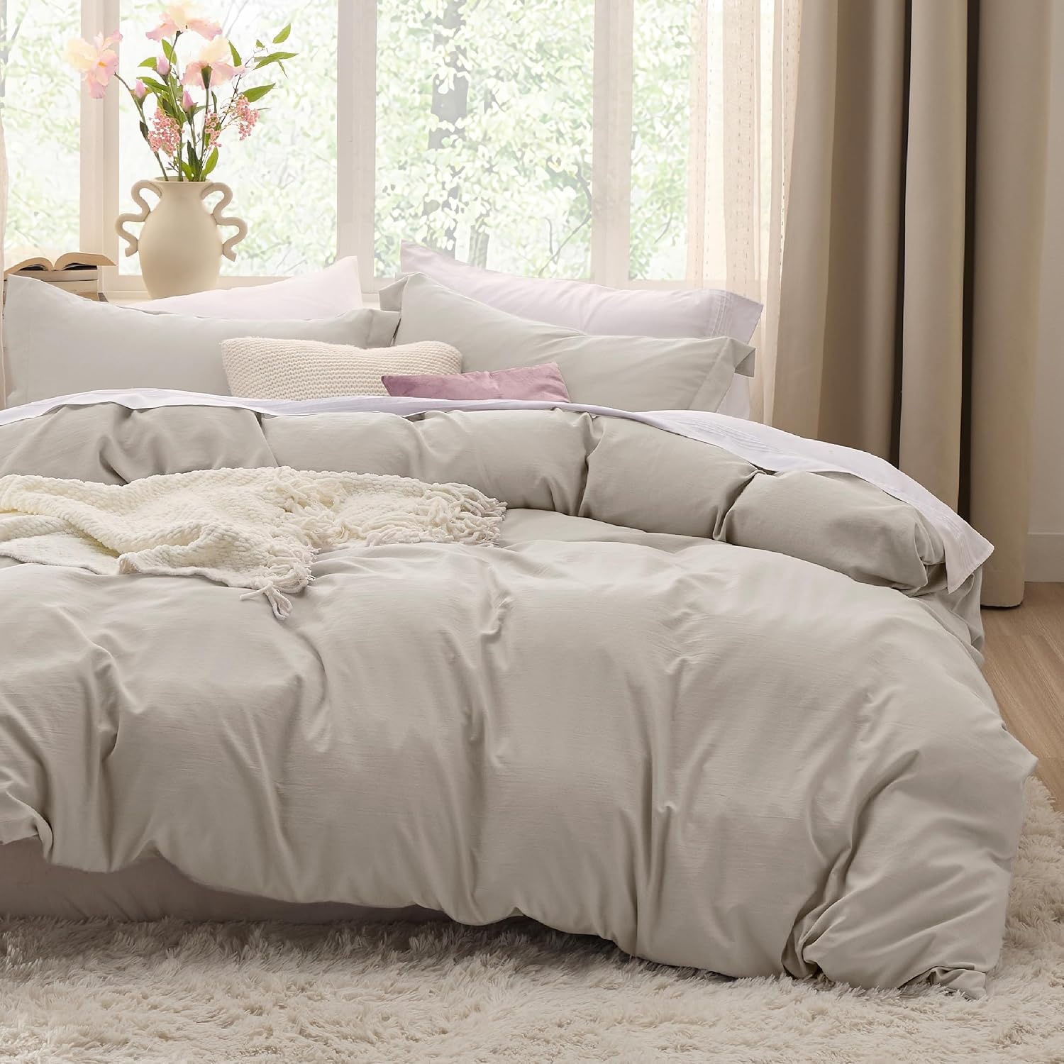 image:imageBedsure Tan Gingham Ruffle Duvet Cover SetVintage Farmhouse Bedding Queen02 Linen No Comforter