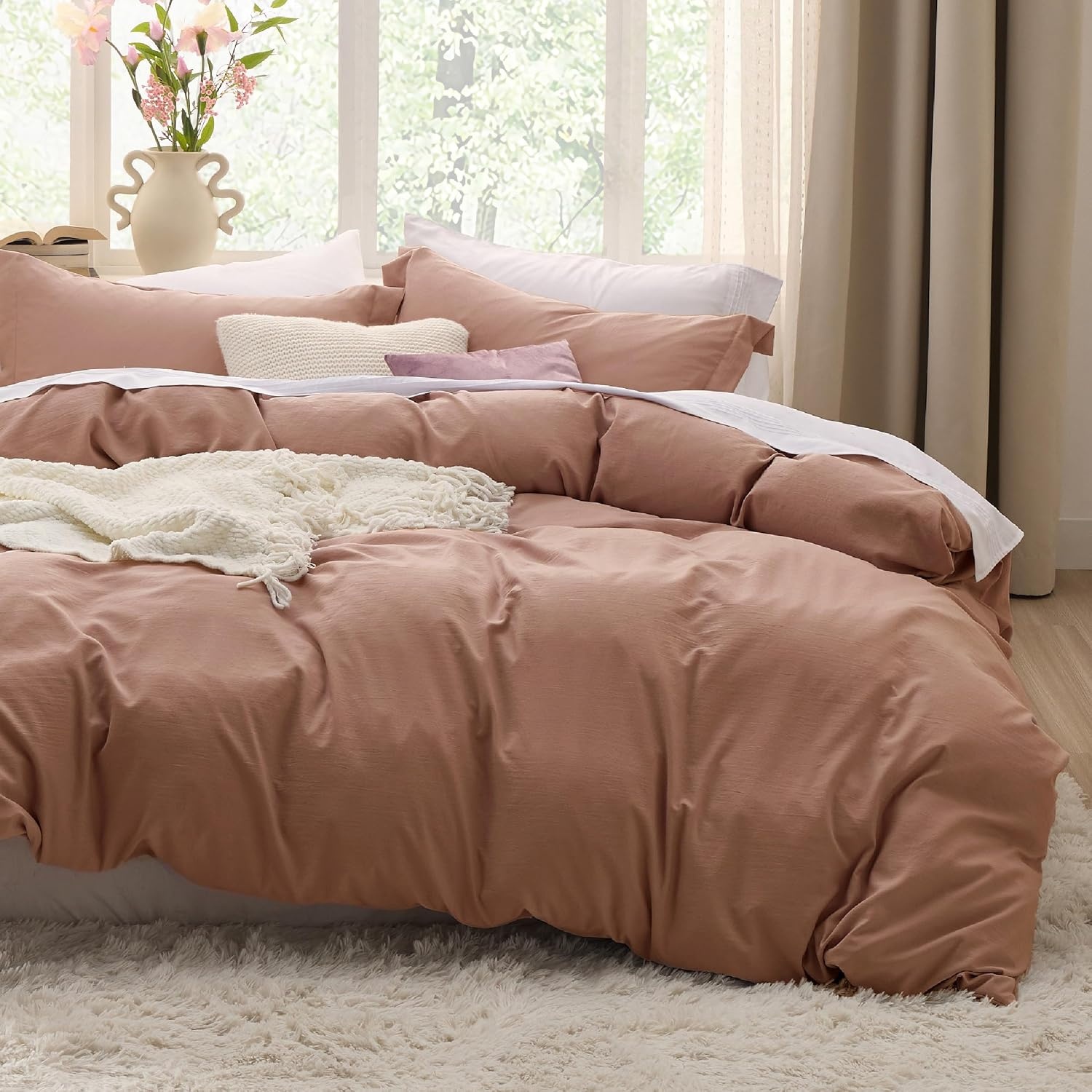 image:imageBedsure Tan Gingham Ruffle Duvet Cover SetVintage Farmhouse Bedding Queen02 Mocha Mousse No Comforter